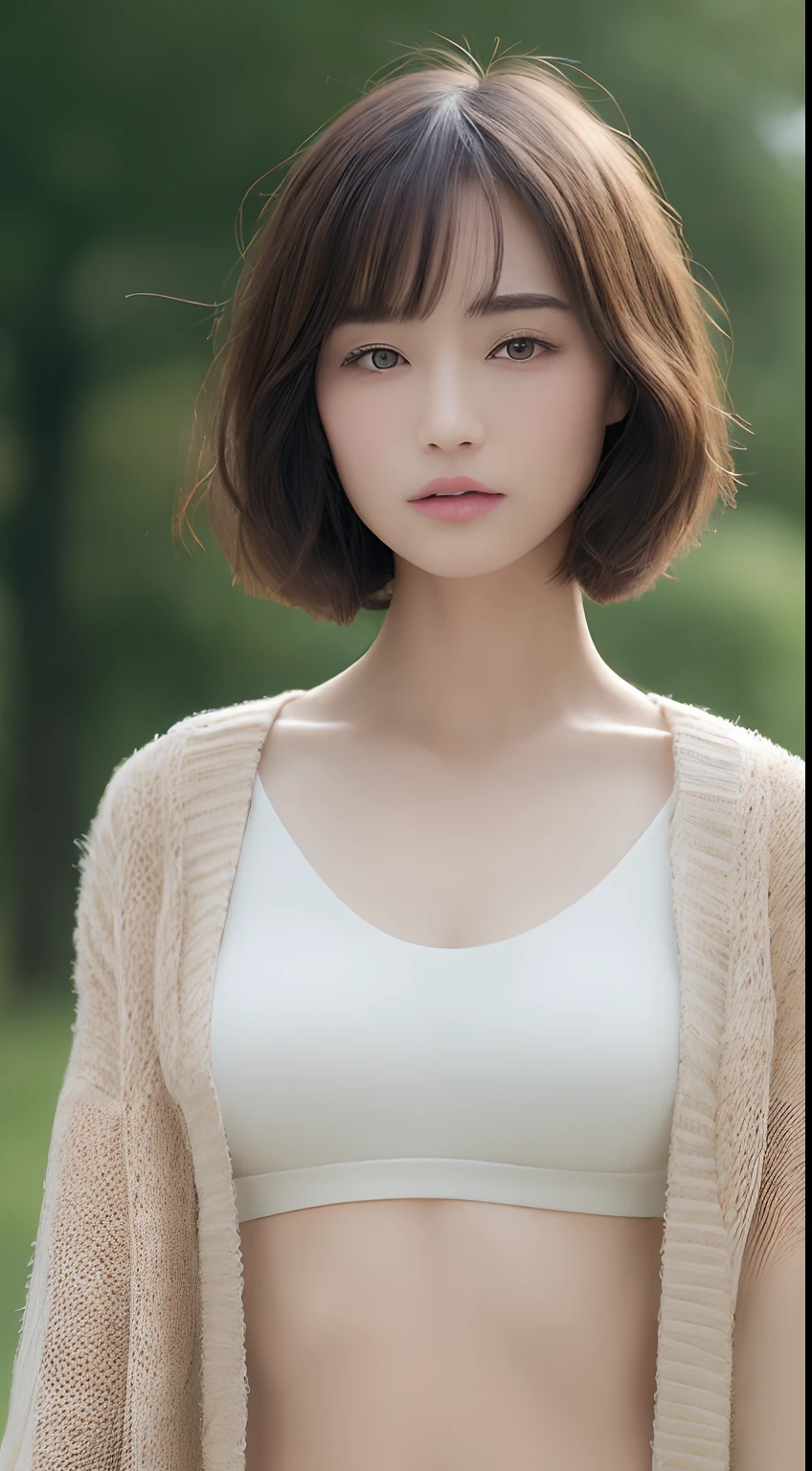 ((top-quality、8k、​masterpiece:1.3))、女の子1人、Beautiful woman with slender abs:1.3、(medium short hair、huge tit:1.2)、cardigan:1.1、hyperdetailed face、A detailed eye、二重まぶた
