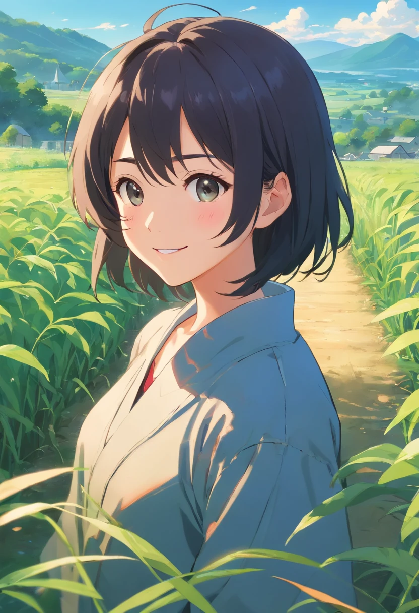 best quality, 8K resolution, anime, black hair, adult, man, 20th anniversary, happy-go-lucky, farmer, poor, medieval, smiling face, cheerful expression, Grayfes, ultra-detailed, masterpiece, 32K