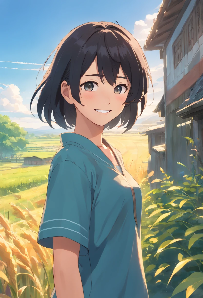 best quality, 8K resolution, anime, black hair, adult, man, 20th anniversary, happy-go-lucky, farmer, poor, medieval, smiling face, cheerful expression, Grayfes, ultra-detailed, masterpiece, 32K