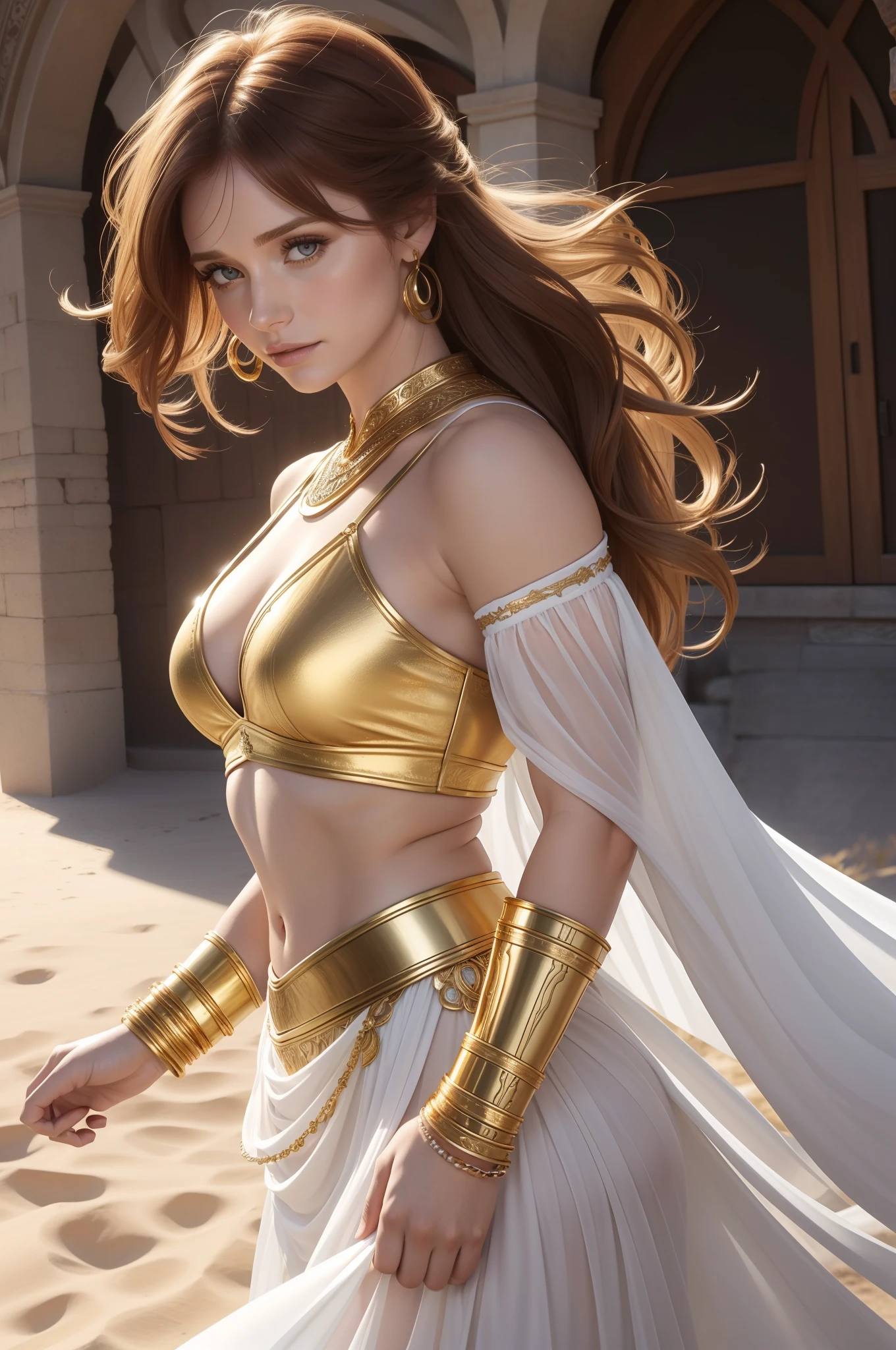 ( Ilha deserta ) Bryce Dallas Howard, long hair up to the waist, como musa em um vestido rodado branco curto, Frente Unida, , estilo grego, fendas laterais, coxas expostas, transparency, detalhes dourados, gold bracelets on both arms, Tissue cuff on the arms, Wide gold bracelets on both arms, Beautiful face looking at the camera, olhos claros, longos cabelos soltos ao vento, Curvilinear athletic body, musculatura definida, perspectiva de corpo inteiro, Vista lateral do corpo, Imagem 32K altamente detalhada