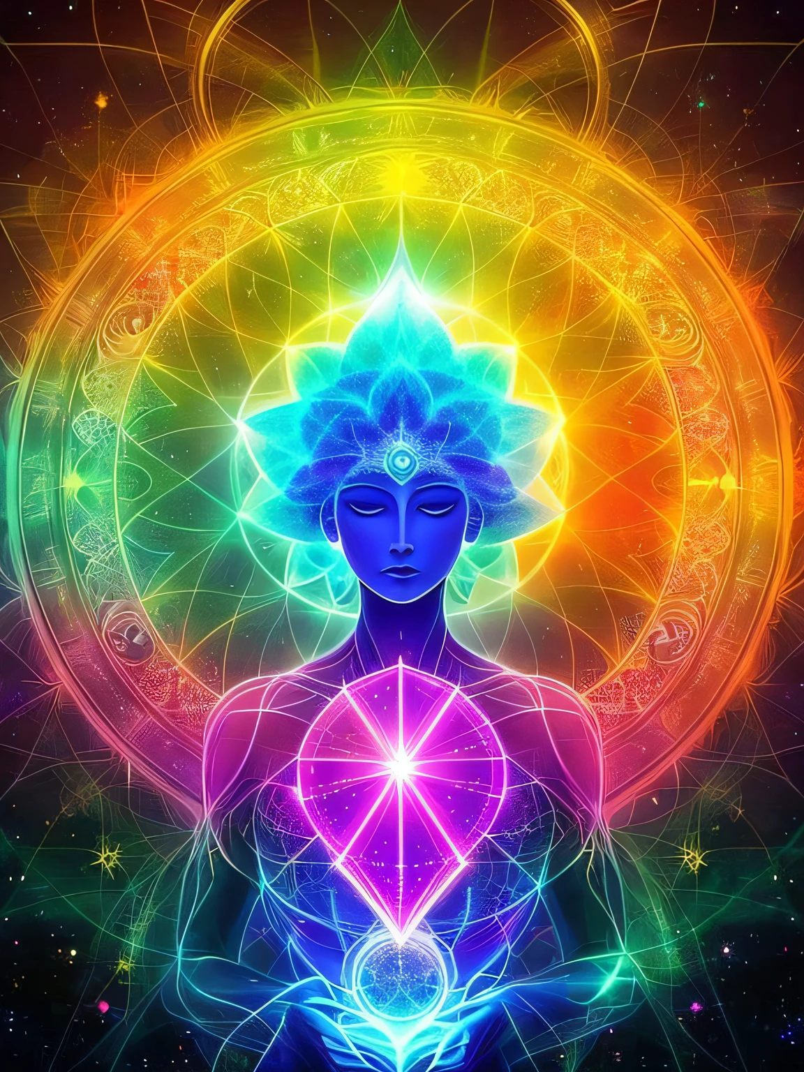 corpo astral, atmosfera de luz, cosmic energy, luzes coloridas, aura dorada, mente