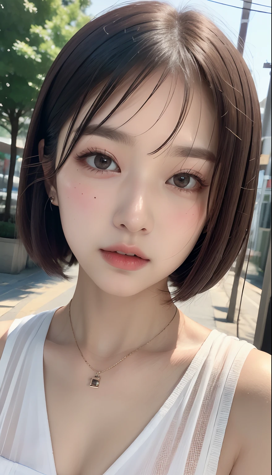 top-quality、​masterpiece、Beautiful Alafed Asian Woman, Photos taken by others in 8K, With short hair, ulzzangs, 🤤 girl portrait, girl cute-fine-face, kawaii realistic portrait, Cute Japan Woman、Young adorable Korean face, realistic anime 3 d style, Portrait rendering in 8K, Korean Girl, 8K)), cute natural anime face, soft portrait shot 8 k、well-groomed bangs、piercings、Sleeveless、