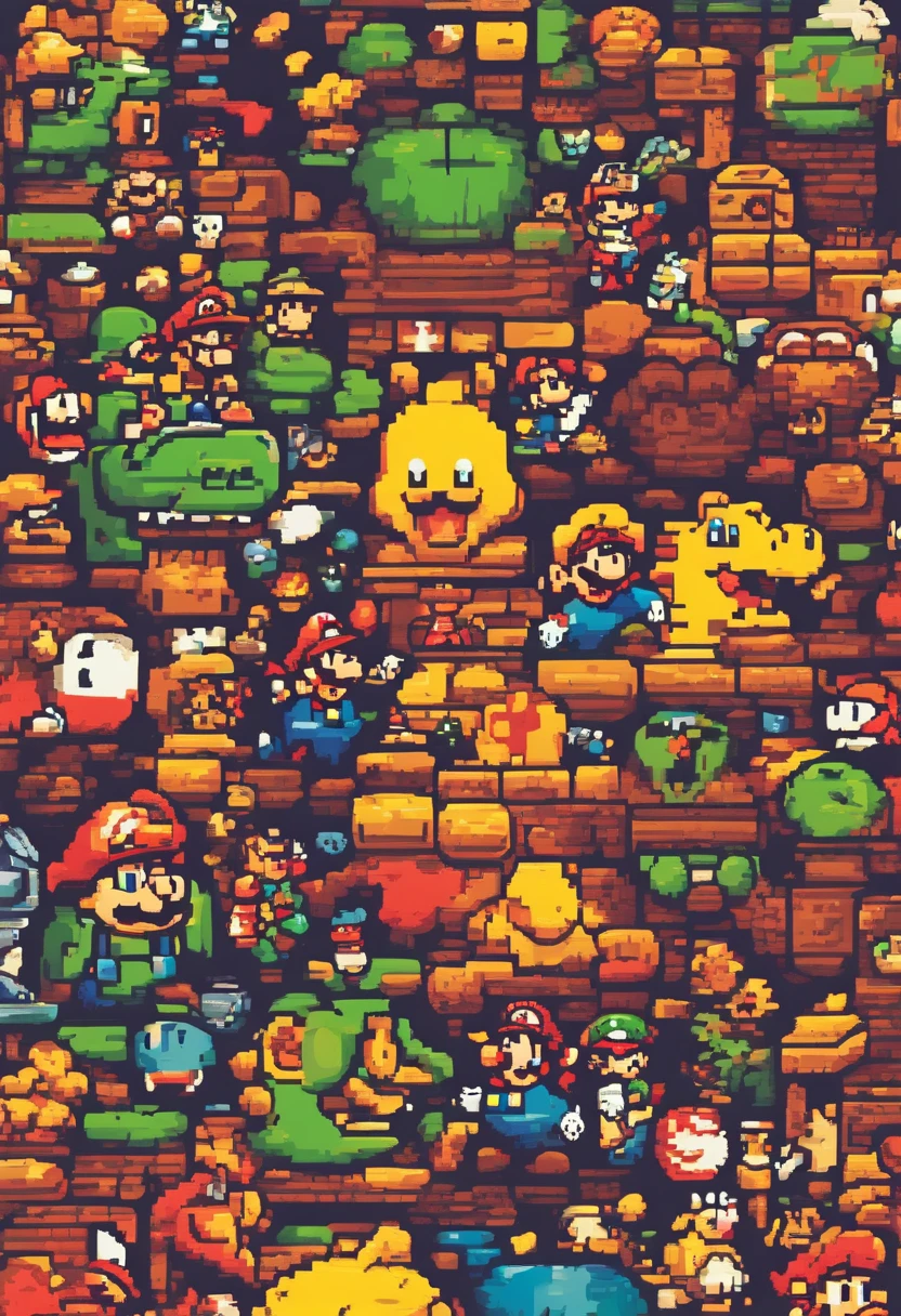 cartoon cute super mario, retro style, vibrant colors, soft shadows, detailed characters, pixel art, nostalgic vibes, vintage feel