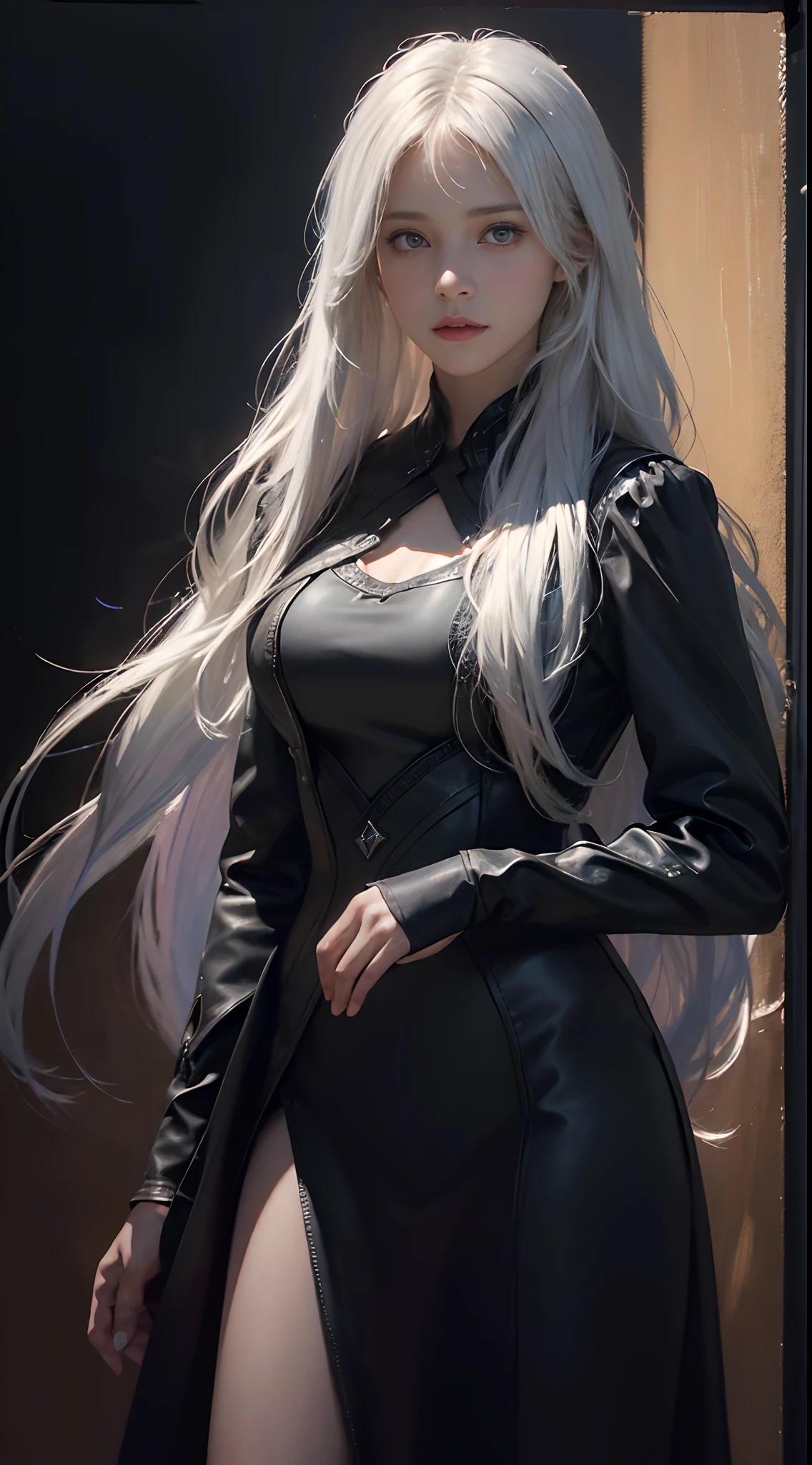 (front focus), (in the dark:1.6), Hyperrealist portrait of female by david hockney and alphonse mucha, fantasy art, photo realistic, dynamic lighting, artstation, poster, volumetric lighting, very detailed faces, 4 k, award winning, 1girl, in the dark, deep shadow, low key, cowboy shot, (official clothing:1.4), long hair, white hair