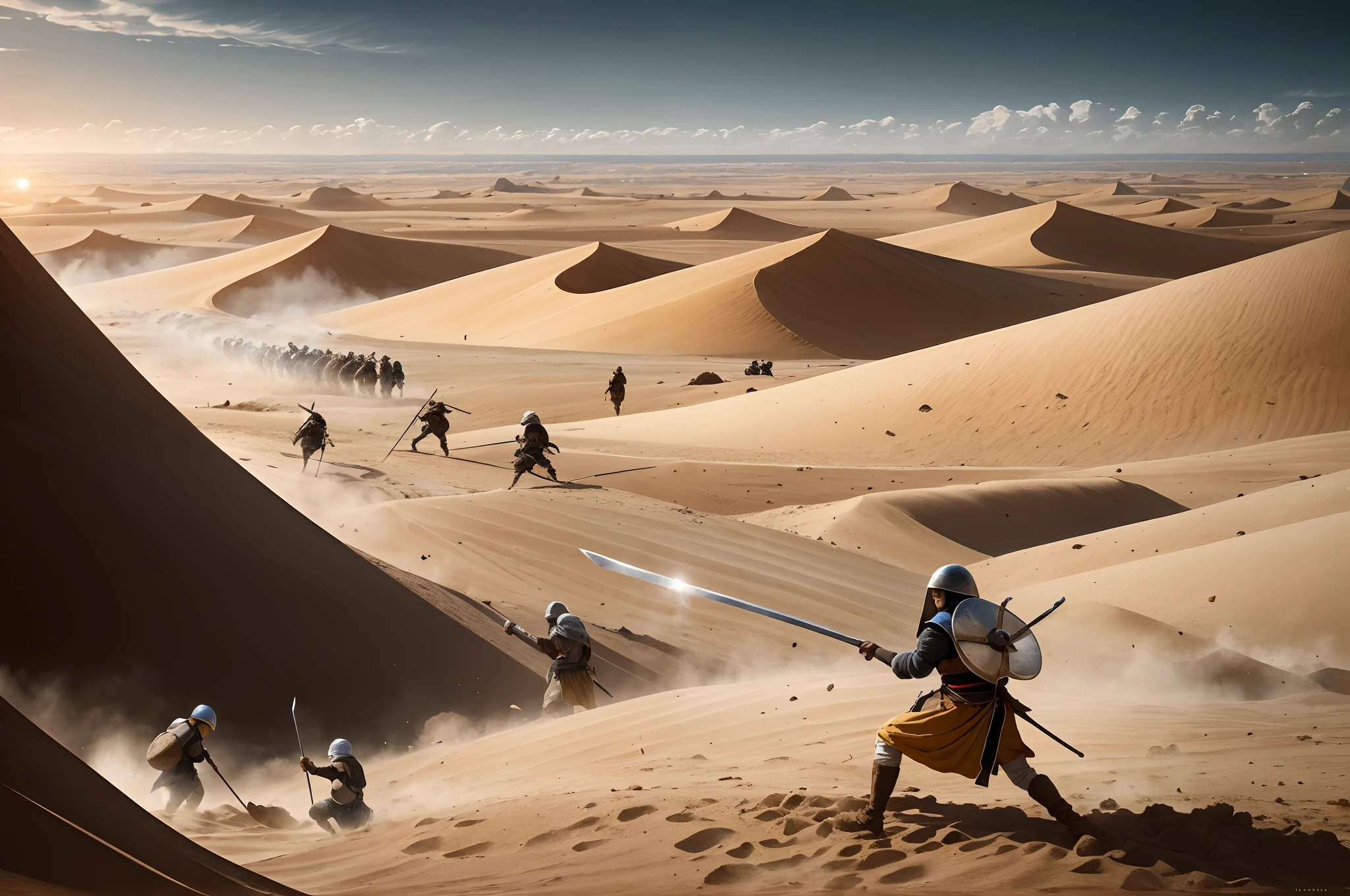 Pitched battle, Israelites vs. Canaanites, desert, warriors with helmets and turbans, Old Testament, 1600 years before Christ, swords and shields in combat, dust and sand raised by the wind, warm colors, 8k, HDR
