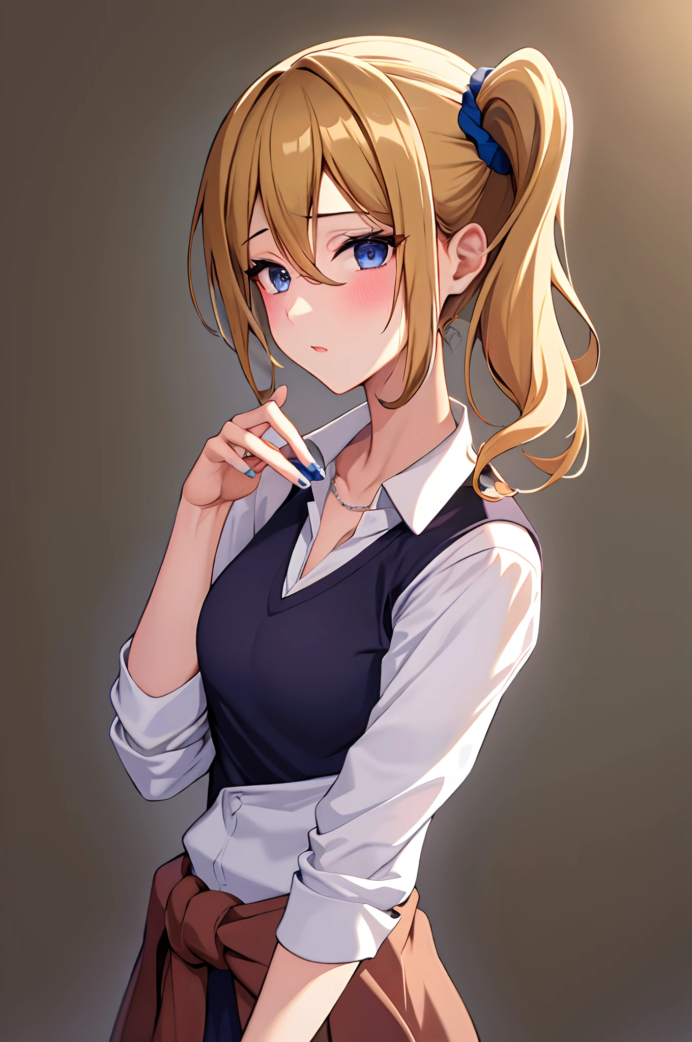 masterpiece, best quality, AiHayasakaV4, 1girl, solo, breasts, looking at viewer, blush, blue eyes, blonde hair, simple background, shirt, hair ornament, white background, hair between eyes, school uniform, white shirt, nail polish, side ponytail, v, scrunchie, hair scrunchie, blue nails, clothes around waist, blue scrunchie, shuuchiin academy school uniform