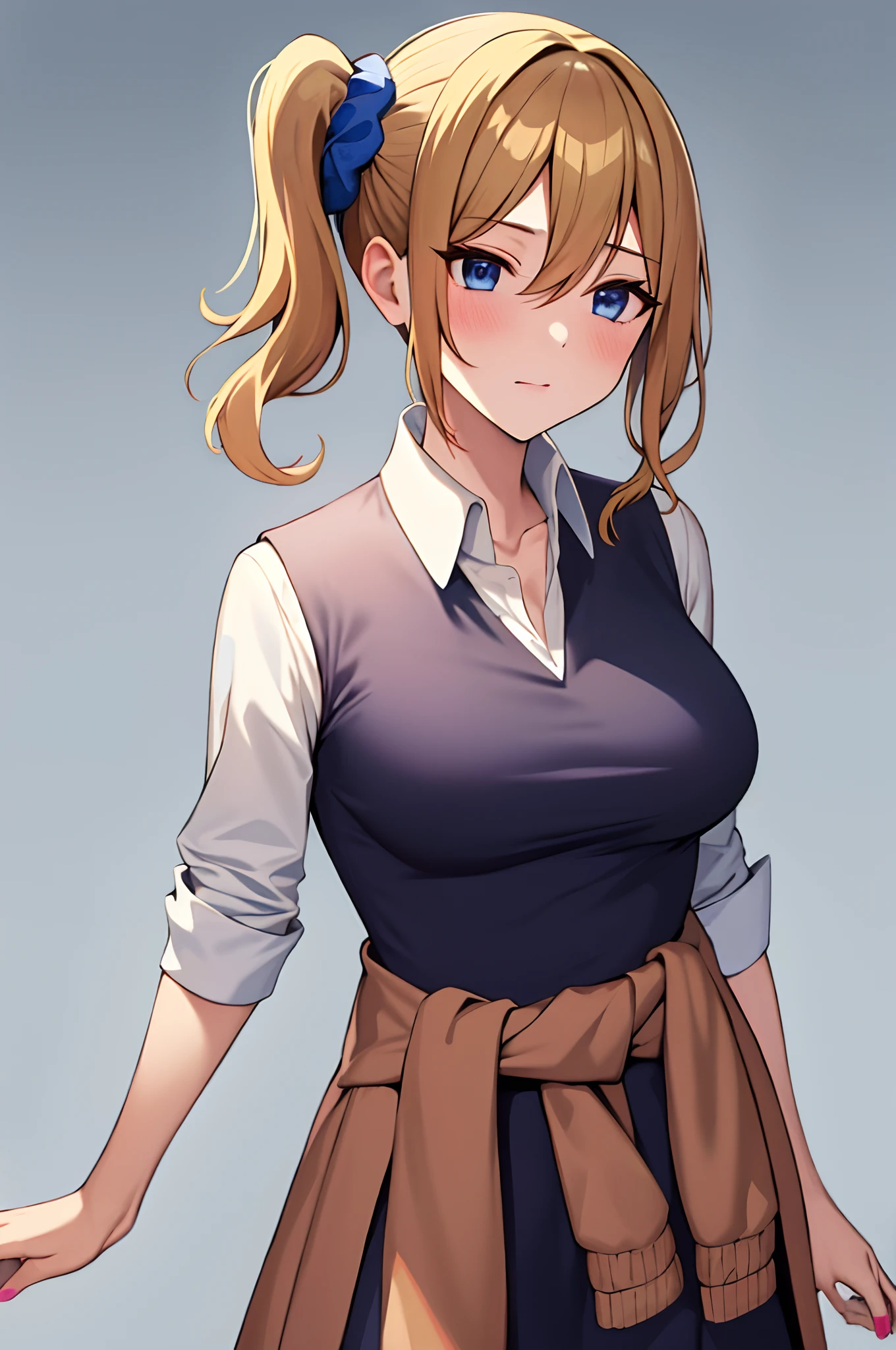 masterpiece, best quality, AiHayasakaV4, 1girl, solo, breasts, looking at viewer, blush, blue eyes, blonde hair, simple background, shirt, hair ornament, white background, hair between eyes, school uniform, white shirt, nail polish, side ponytail, v, scrunchie, hair scrunchie, blue nails, clothes around waist, blue scrunchie, shuuchiin academy school uniform