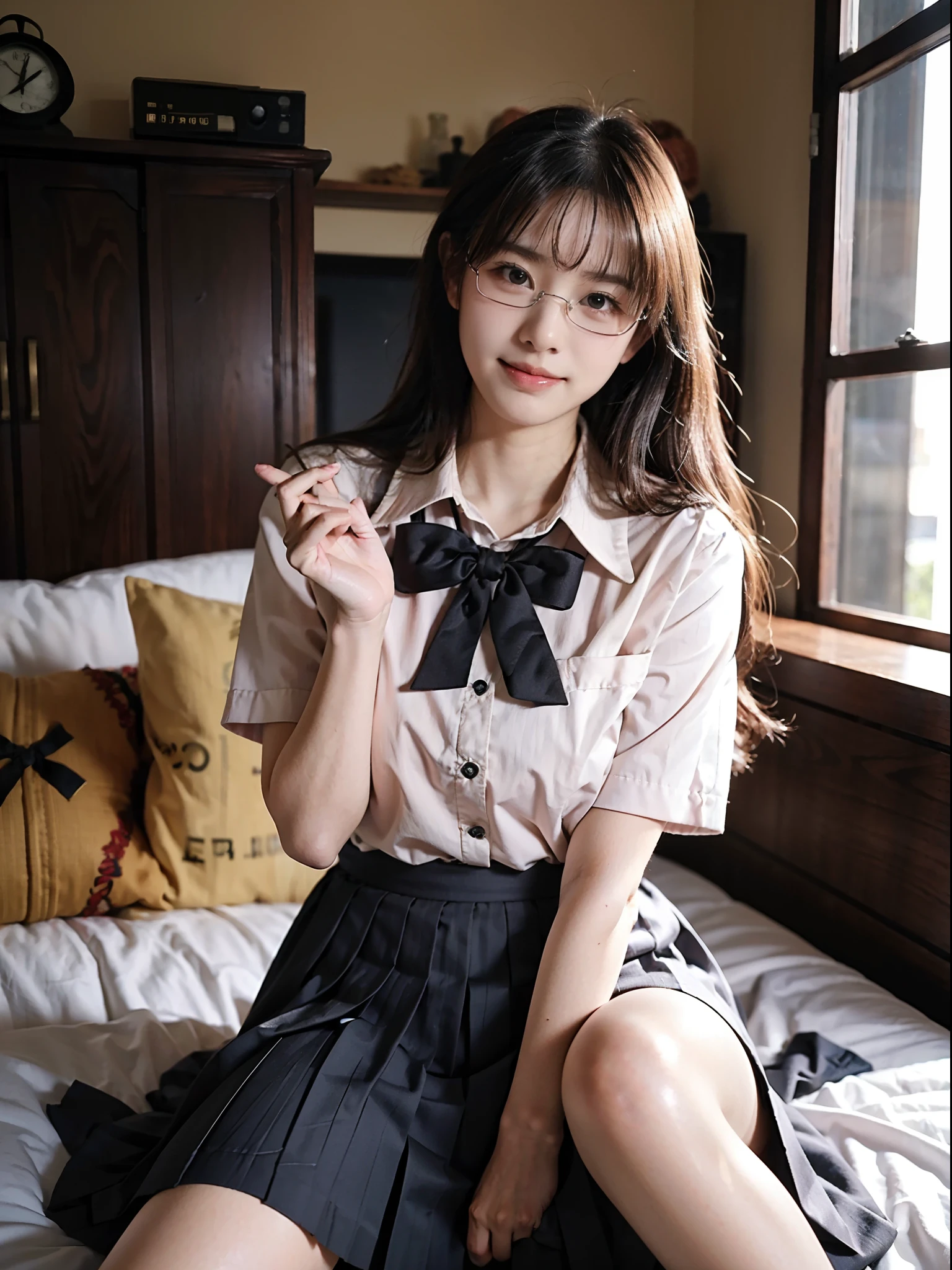 masutepiece, Best quality, japanaese girl, A smile、8K, RAW photo, top notch quality, masutepiece, NFFSW:1.2, Particularly detailed RAW color photos, Professional-grade photos, (Realistic, Photorealistic:1.37), (highly detailedskin:1.2), Ultra-high resolution, (Lenze 50 mm), (masutepiece, top-quality:1.3), (Ultra-detailed 8k CG:1.2), (hyper realisitc:1.35), (Photorealistic:1.45), (Realistic:1.4), Cowboy shot,
((In a dimly lit bedroom))1 Beautiful Japanese girl, age 22, super model, Japanese idol, __expression__, (Medium-sized round breasts), (Sit on the sofa or bed1:1), (school uniform:1.4), The girl looks shy and shy,((Contoured face glasses))
Korean Idol、乃木坂アイドル、hposing Gravure Idol、Adults、女優()