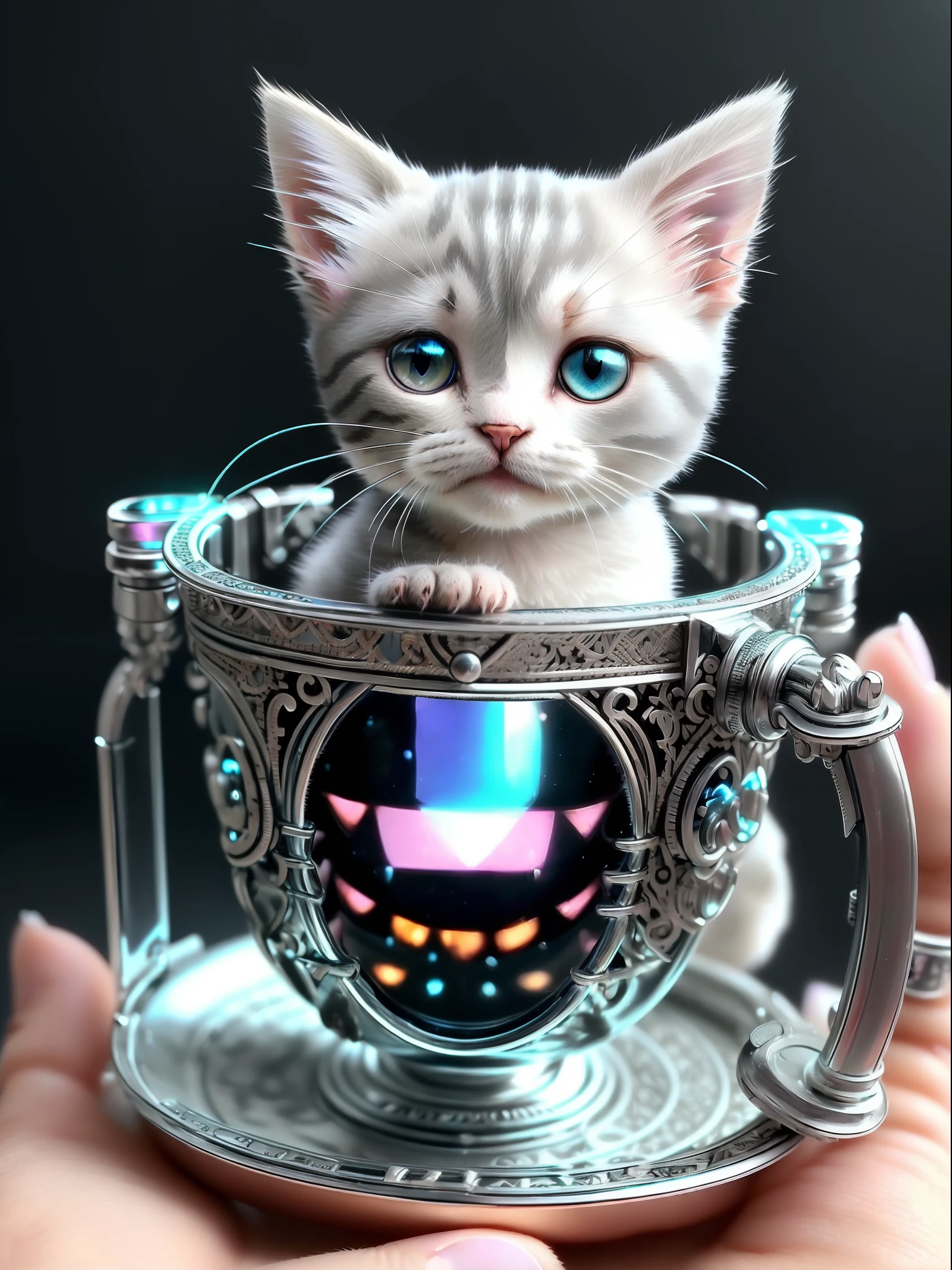 (((a cute kitten made of metal))、(intricate cyborg:1.2))、([tail | Detailed wire]:1.3)、Cat paw、(intricate-detail)、hdr、(intricate-detail、ultra-detailliert:1.2)、cinematic shot、vignettes、central、blue eyess、artistic、Getting inside a transparent cup、