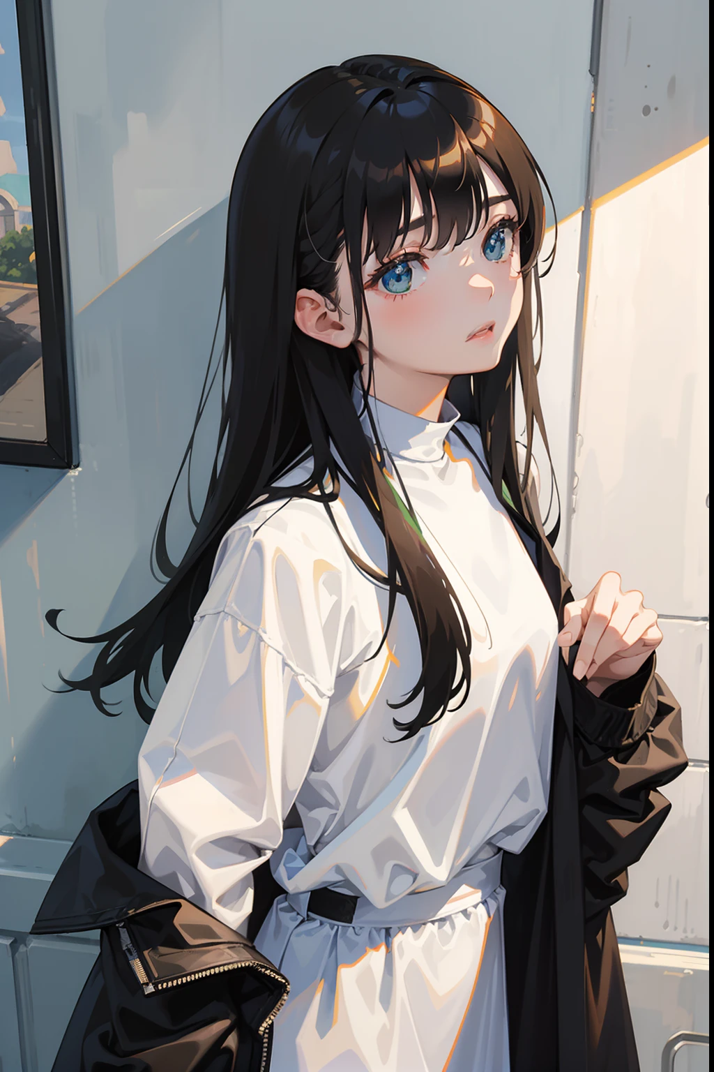 ​masterpiece、white backgrounid、18-year-old woman、Casual attire such as a black or green jacket、A dark-haired、waist-length hair、Character setting drawing