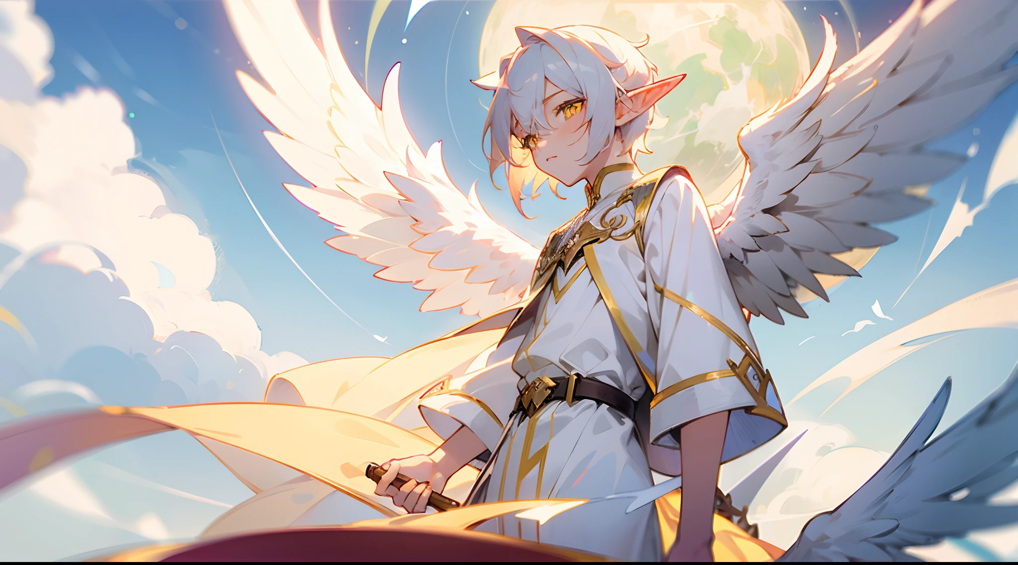 1 boy, Yellow eyes, Vermilion hair, Pastel colors, elf ears, nimbus, wings, white clothing, angel, young boy