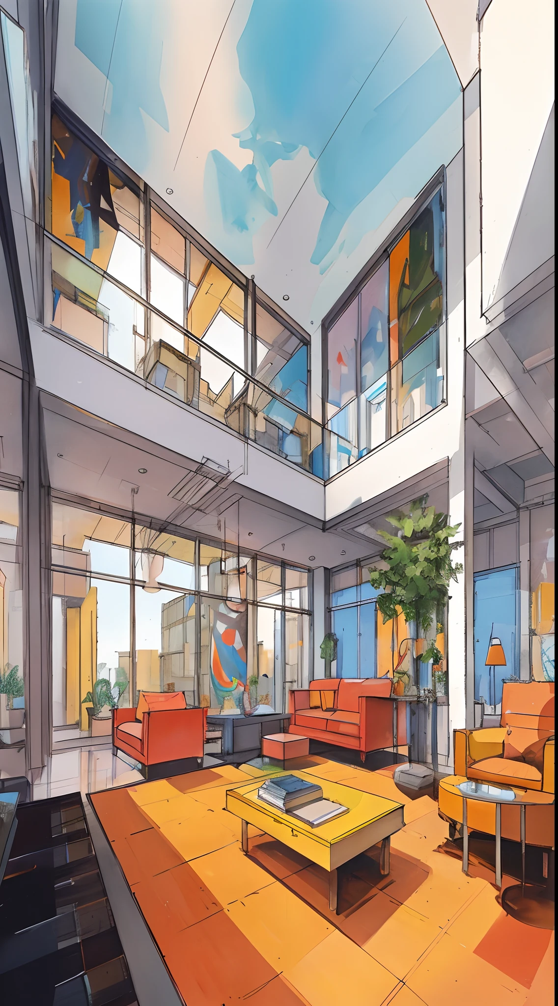 Postmodern interior design, large and wide lounge area, double height ceiling, an artistic feature as focal point of the space, large windows which can see the exterior landscape as background, style inspired by Edward Hopper drawings, natural lighting, bright environment, showcasing the overall spatial layout, hand sketch drawing, creative, vibrant colors, good space planning