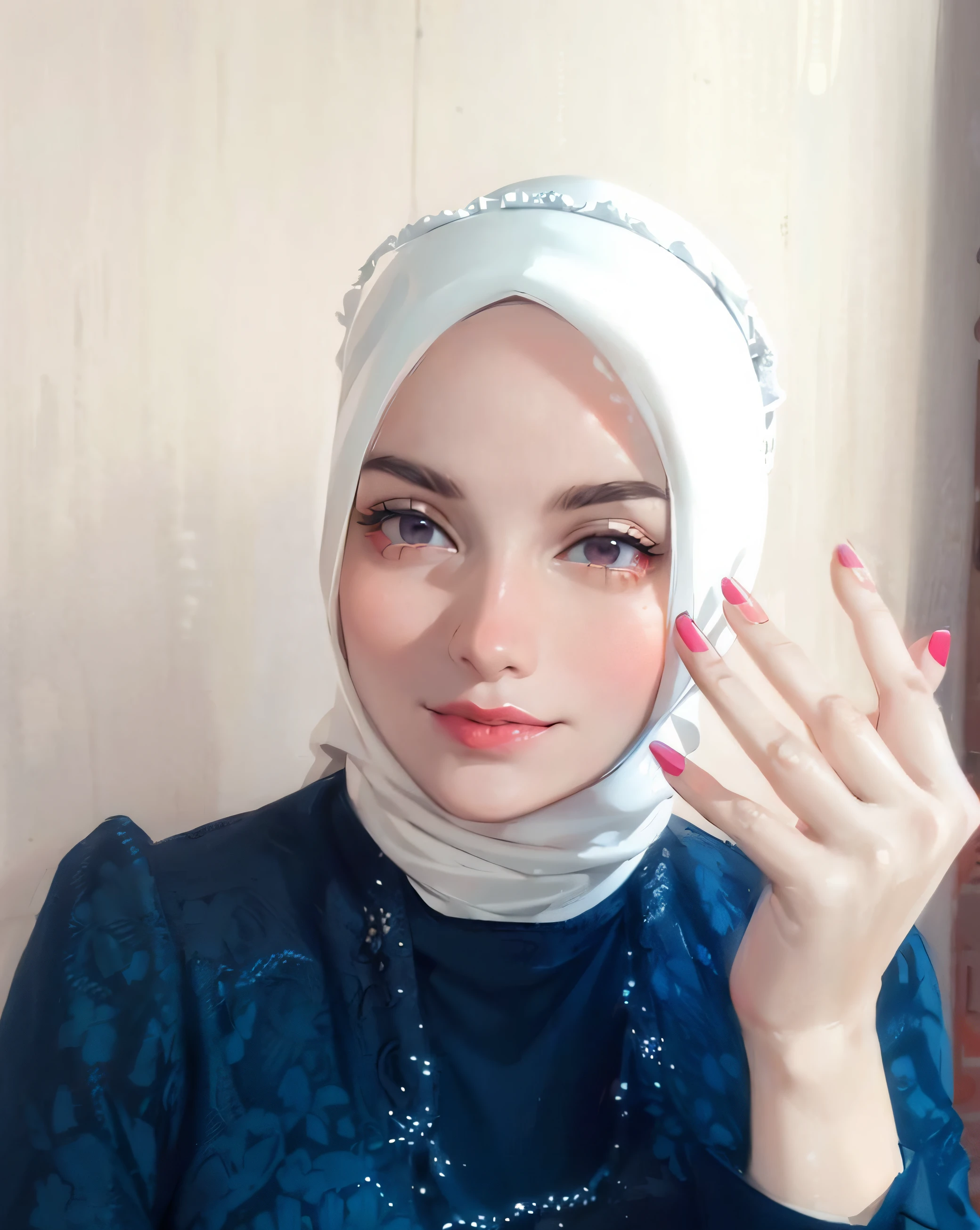 there is a woman with a hijab and a red nail polish, hijab, with lovely look, white hijab, with cute - fine - face, with accurate face, cute beautiful, profile pic, with kind face, ruan cute vtuber, lily frank, picture, siya oum, hana alisa omer, inspired by Naza, beautiful cute, serena malyon