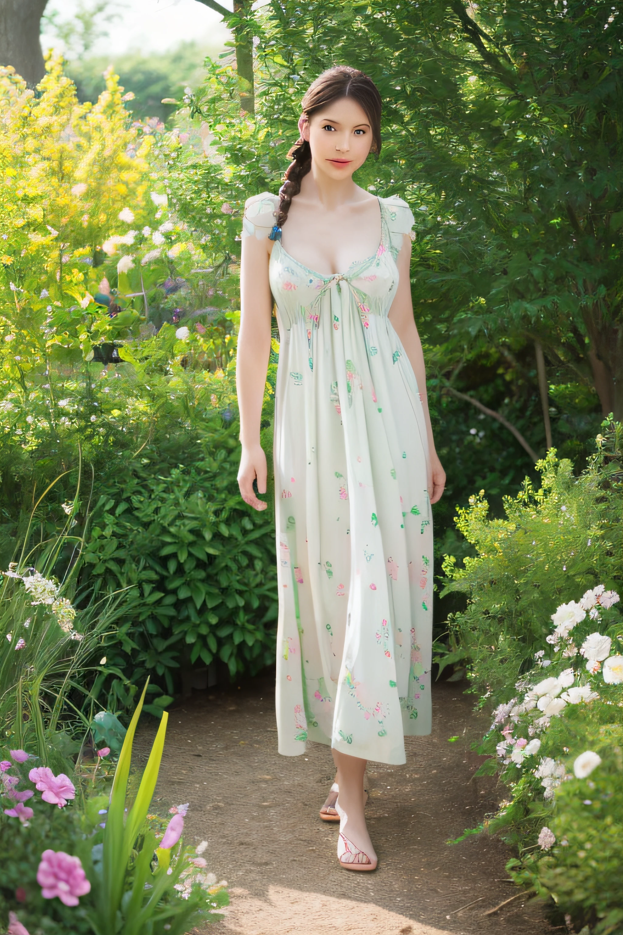 woman, view the viewer, French braided hair , flower halter dress, cleavage,  Garden landscape design, (rim-light)