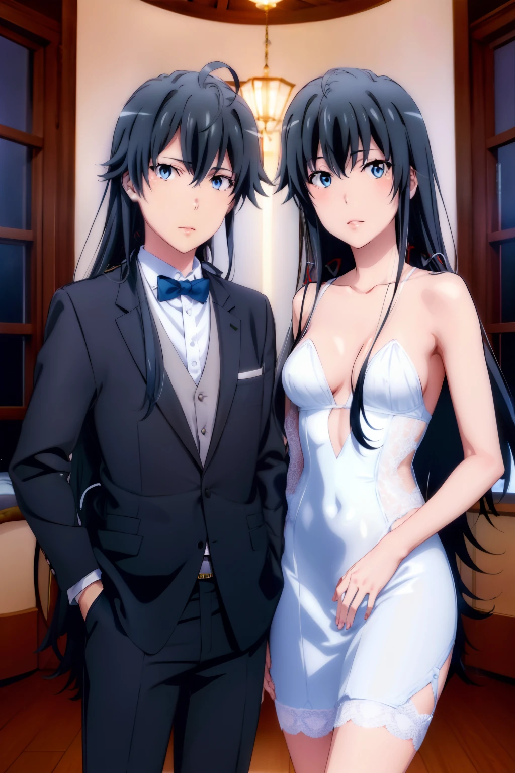 (Best Quality),2girl , (yukinoshita yukino) , (Kawasaki saki ) , marriage, (yukinoshita yukino) wears tuxedo , eyes blue, White shirt under the jacket of , business suit, suit, Tuxedo,,(Kawasaki saki) wears wedding Dress,( yukinoshita yukino) o holding( kawasaki 's Waist) , vibrant colours ,natural lighting ,rtx, , A beautiful, (detailed face:1.2), showcase, (perfect eyes:1.1) ,(Realistic Photos:1.1), 8K UHD, Search for scenes, indoors, background simple