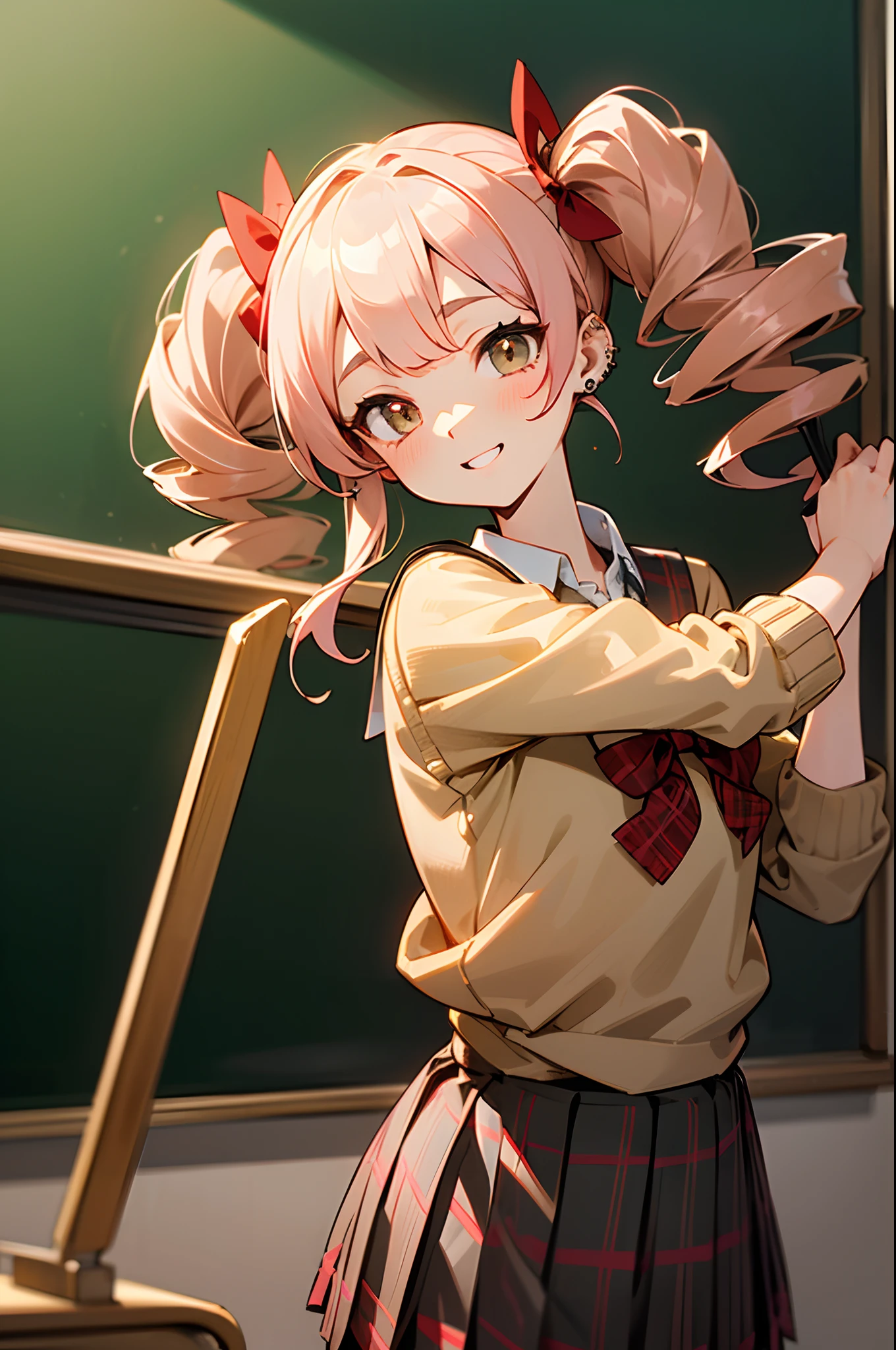 masutepiece, hyper quality, Hyper Detailed, Perfect drawing,Hi-Res、1girll,ssmile、Loose and fluffy hair、(((drills twintails)))、A pink-haired、Big eyes with double eyelids、lofty nose、blusher(0.2)、small mouth、ear piercings、(School Uniforms:1.2), (Wearing a beige fisherman sweater over a white shirt:1.3), (Red bow:1.3), (plaid pleated skirt:1.3),schools、Classroom、chalk board、beatiful backgrounds, meticulous drawing, Accurate drawing、Perfect illustration、Perfect Beautiful Girl、high-class sense