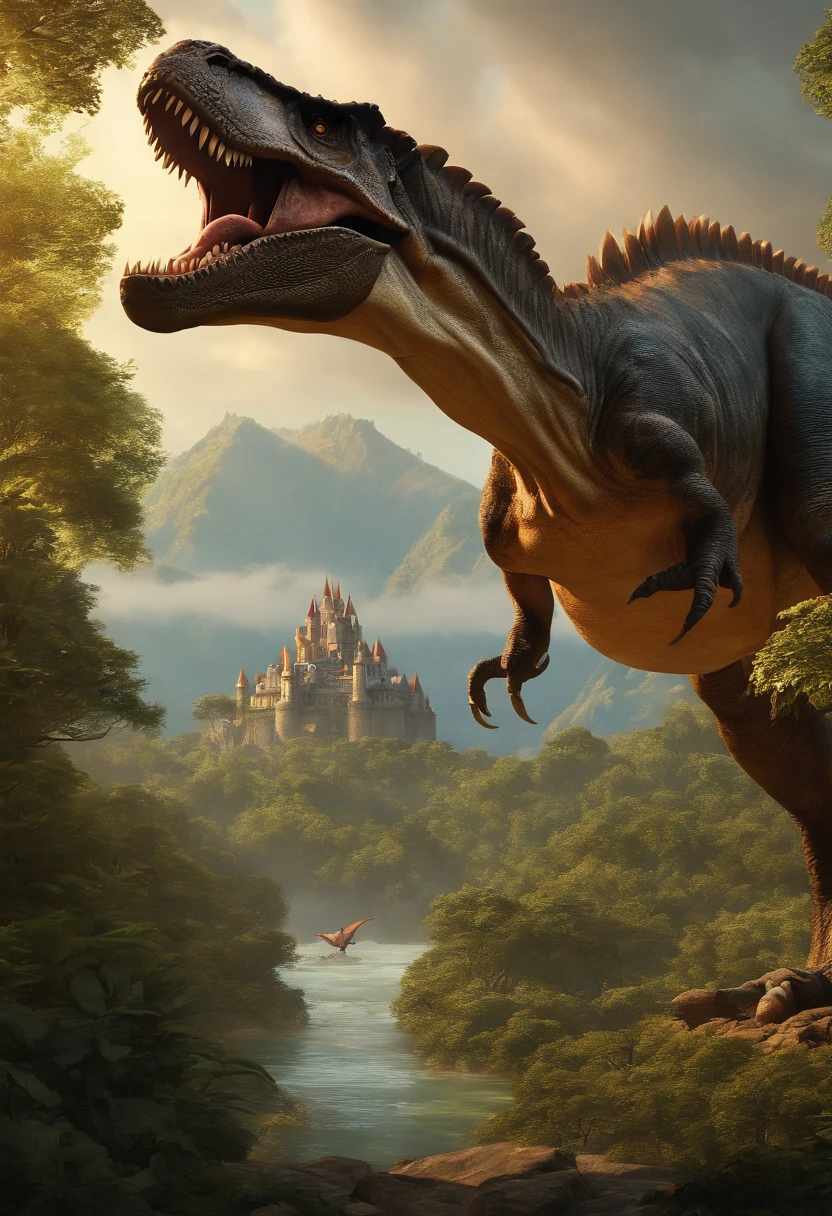 (best quality,4k,highres,masterpiece:1.2),ultra-detailed,(realistic,photorealistic:1.37),stunning natural scenery,castle in the distance,vibrant sky,lush forest,endless ocean,dominating Tyrannosaurus rex,flying tiger with wings,warm color palette