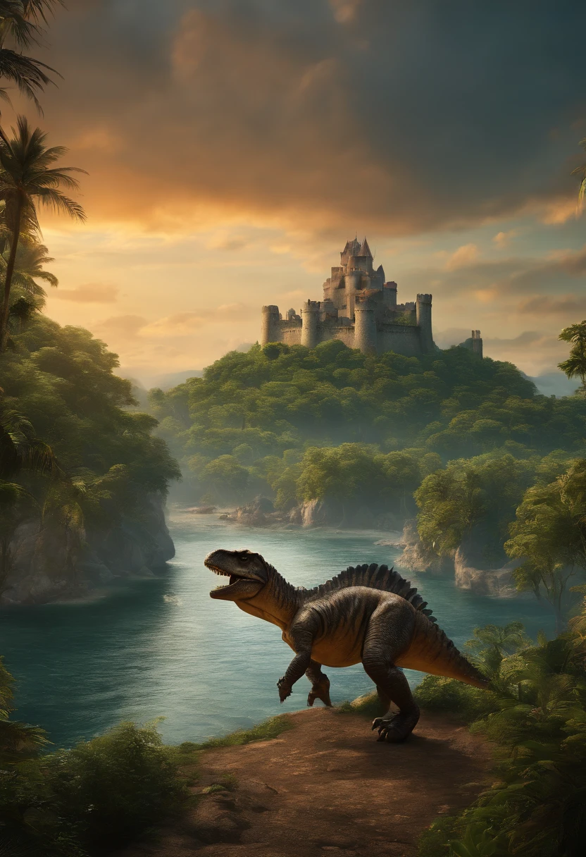 (best quality,4k,highres,masterpiece:1.2),ultra-detailed,(realistic,photorealistic:1.37),stunning natural scenery,castle in the distance,vibrant sky,lush forest,endless ocean,dominating Tyrannosaurus rex,flying tiger with wings,warm color palette