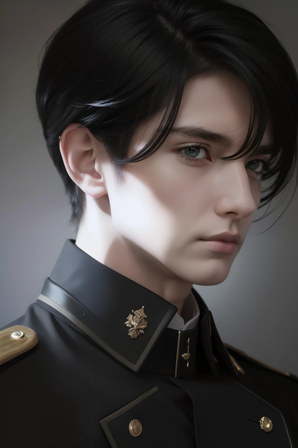 1 man , (highest resolution, distinct_image) Best quality, single person, one man , solo, masterpiece, highly detailed, semi realistic, black short hair, black hair, bangs, 25 years old, mature, light blue military uniform, military uniform, indoor background, gentle, authoritative, powerful, exquisite facial features, exquisite facial features , cool , handsome , green eyes ,