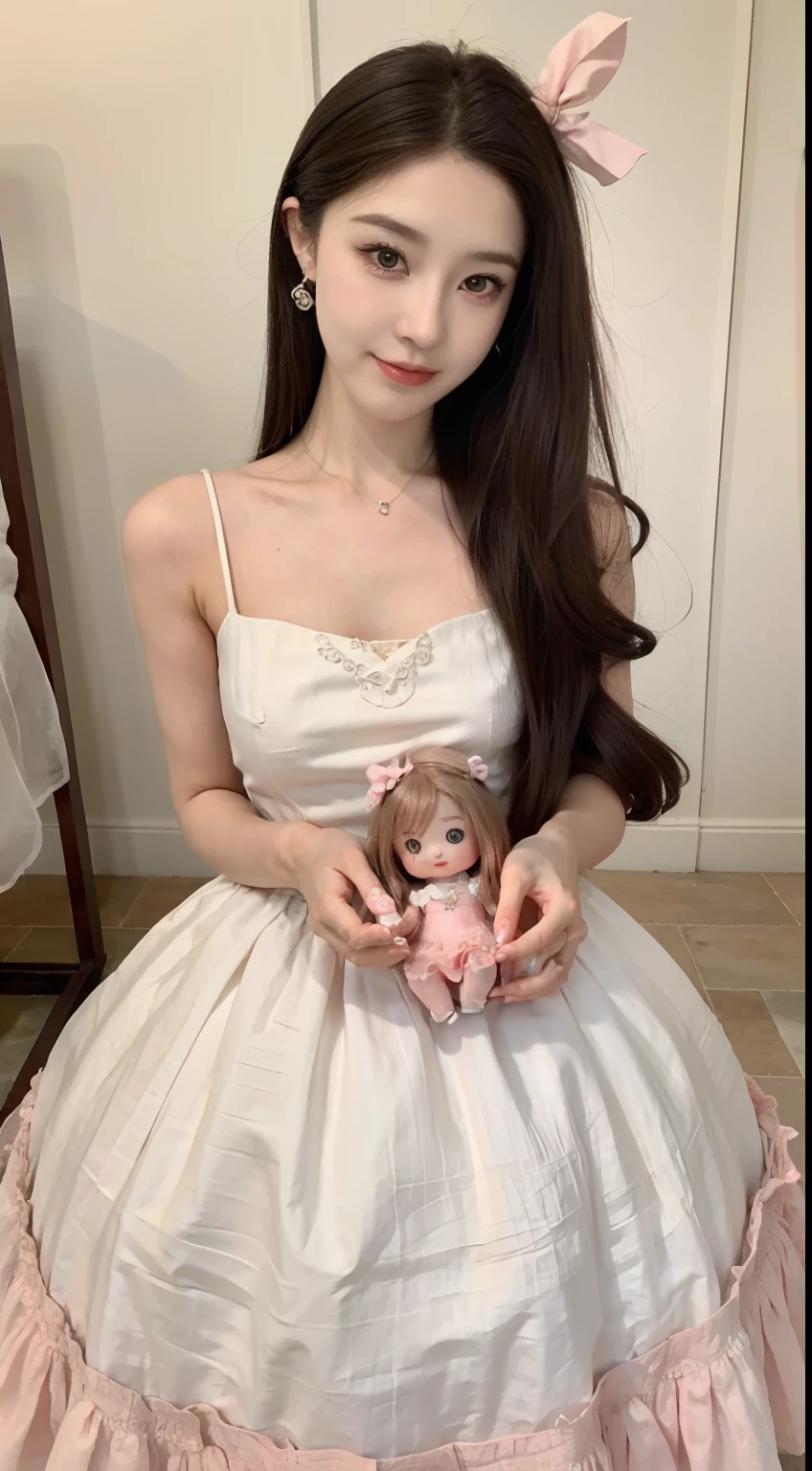 there is a young girl holding a doll and a doll, soft cute colors, wearing pink hair bow, romantic dress, white cat in a pink dress, lovely and cute, cute details, in dress, very beautiful cute catgirl, cute dress, cute pocelain doll, wearing a pink dress, fairycore, dreamy style, feminine girly dress