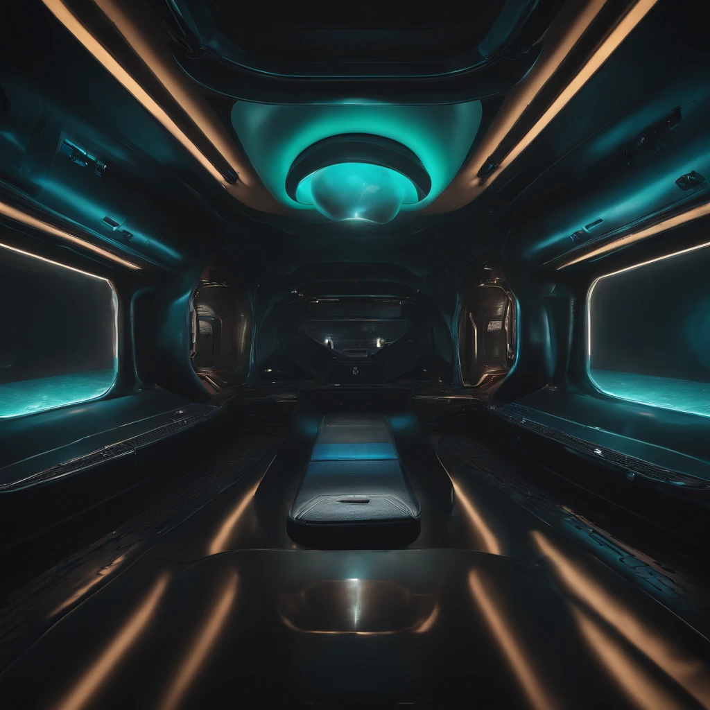 an alien in a spaceship，(alien creatures:1.2)，in a panoramic view，（plethora of colors，Best quality，high detal，tmasterpiece，cinmatic lighting，4K，Chiaroscuro）