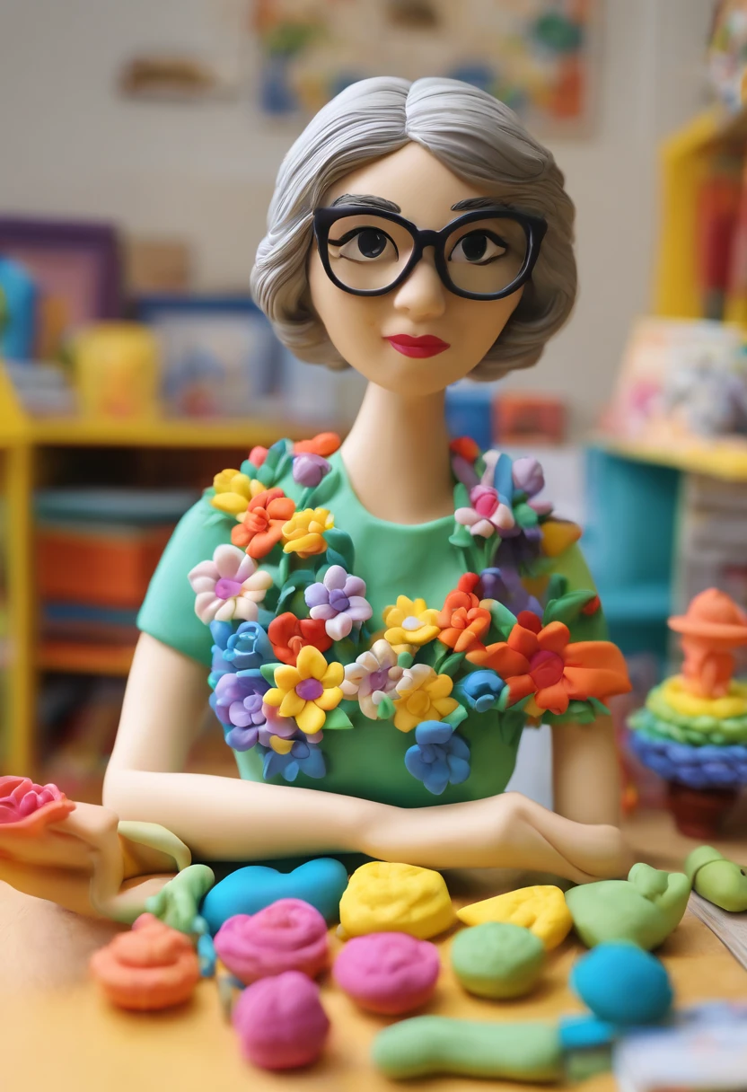Quality first,masterpiece in detail,Middle-aged woman wearing glasses,sportrait,closeup cleavage,Several cute kids reading a book,in class room,fresh flowers,Rich in color