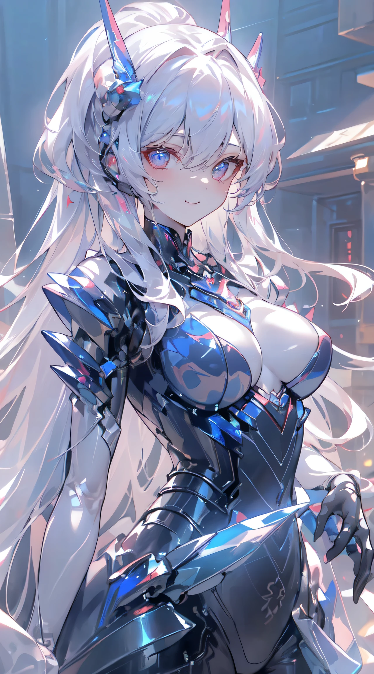 tmasterpiece，best qualtiy，ultra - detailed，Kizi，Blue eyes with red flames（1.3），Beautiful face,Beautiful eyes，Handheld flame（1.3）Dark red katana，（Translucent body，Reflex the skin），(((Masterpiece))), (((best qualityer))), ((Ultra-detailed)), (illustration), (detailed light), ((an extremely  delicate and beautiful))，The mech has a smooth surface， (highdetailskin:1.2)，Proper body proportion、perfect anatomia，complex mechanical bodysuit、mecha corset、tightsuit，（The mech is slightly transparent）20yr old，The mech is ready，There are many blue flames around the figure（1.3）