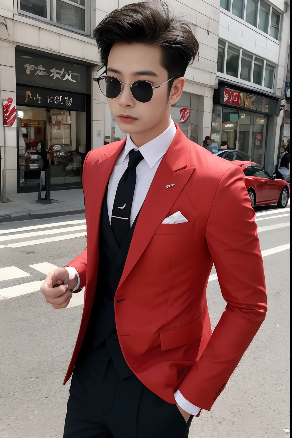 Asian male model on the street，and his wedding car，Cool red car，SLR in hand，Suit tie