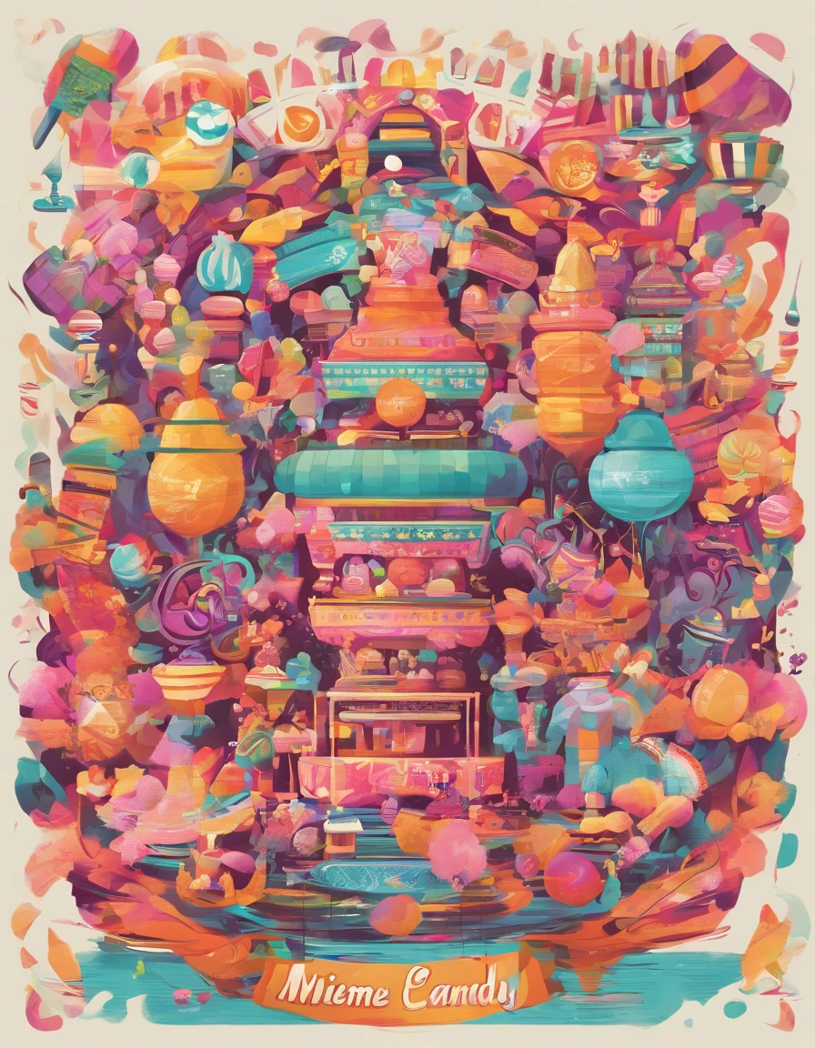 Develop a logo for "Miemie Candy" that represents a fusion of cultures, blending candy elements from around the world, with bold typography and a mosaic-like composition, Artwork, mixed media collage, --ar 1:1 --v 5
