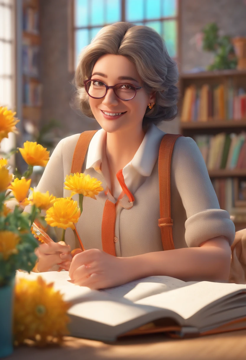 Quality first,masterpiece in detail,Middle-aged woman wearing glasses,sportrait,closeup cleavage,Several cute kids reading a book,in class room,fresh flowers,Rich in color