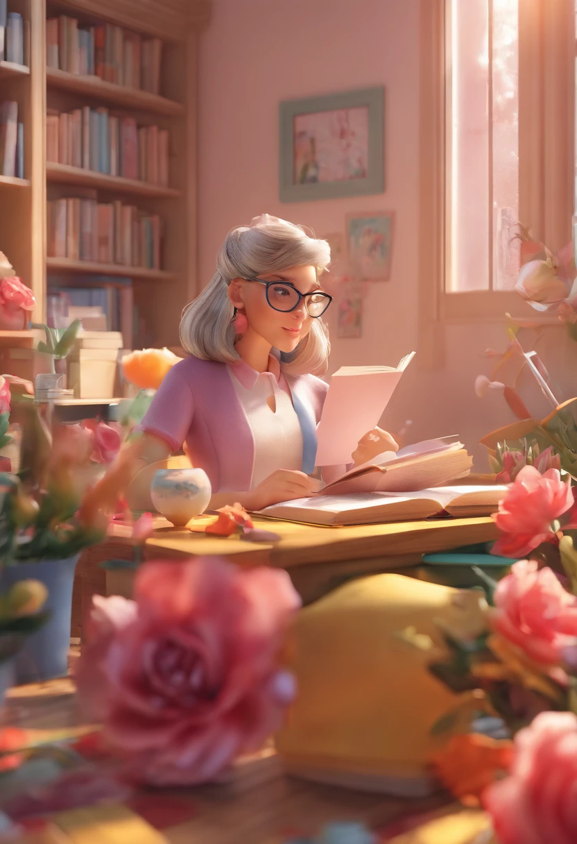 Quality first,masterpiece in detail,Middle-aged woman wearing glasses,sportrait,closeup cleavage,Several cute kids reading a book,in class room,fresh flowers,Rich in color