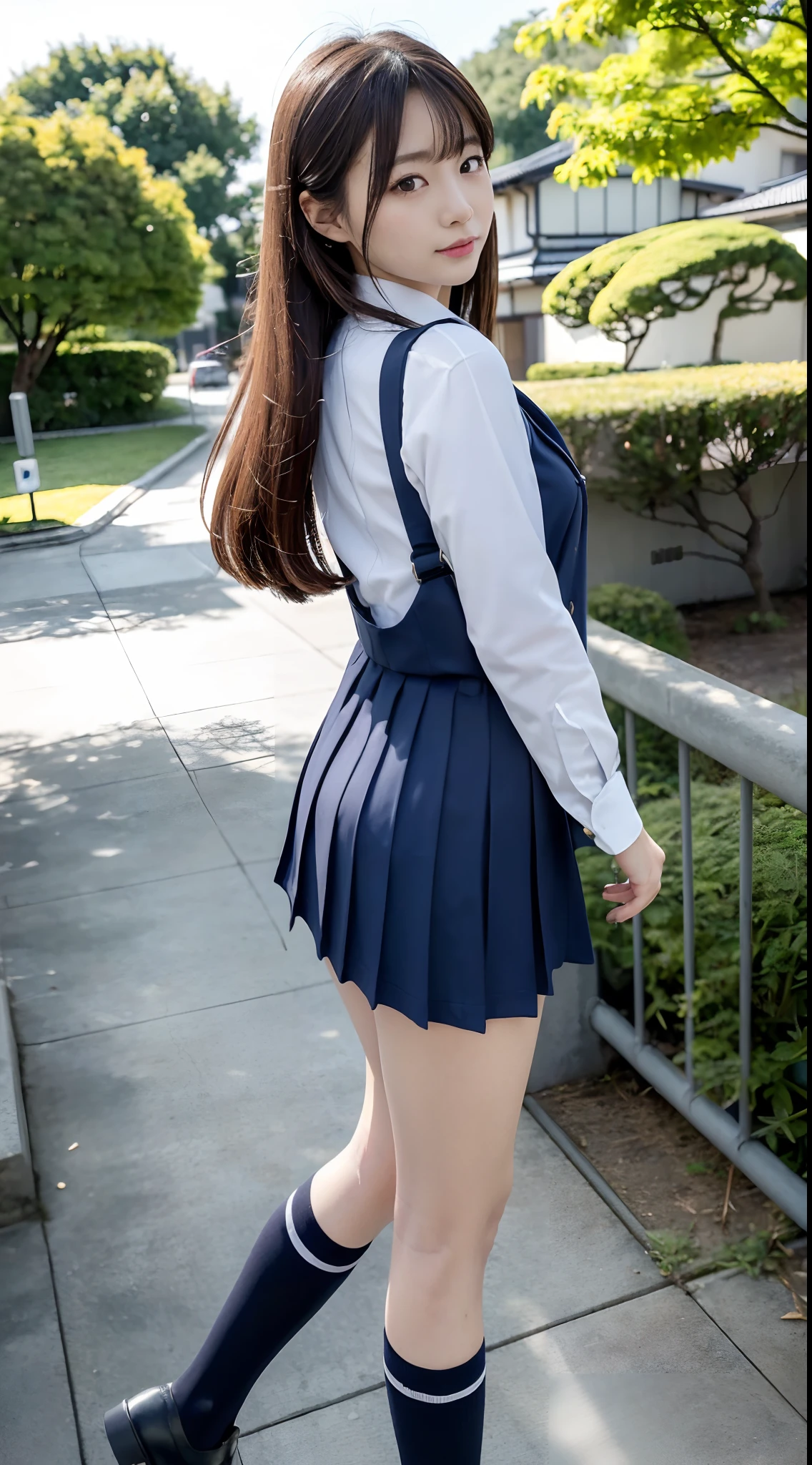 mix4, (16 K, Raw photography, Top image quality, ​masterpiece: 1.45), (realisitic, Photorealsitic: 1.37), one girls, 7．5, etc，cute little, A city scape,, profetional lighting, photon maping, Cityscape with street trees, physically-based renderingt, Gradient dark brown hair,, a handsome, Well-groomed and beautiful eyes、二重まぶた、girl with, (((student clothes、Long sleeve shirt worn by Japan high school girl、Navy blue vest、Ribbon-shaped tie、Dark blue over-the-knee skirt, Navy Blue Beret、Dark blue knee-high socks、Black loafers))), Top Quality Photos, hight resolution, 1080p, (clearface), (Detailed face description), (Detailed hand description), (​masterpiece), (Exquisite CG)、extreme light and shadows、dishevled hair、master work、abundant detail、(Fine facial features)、(top quality photo)、(masuter piece)、(A detailed eye)、Look in front of you、Fine clavicle、((Slender big))、(((Japan girl wears a long-sleeved shirt)))、((Sexy Idol System))、((Gingko tree))、(Shooting from random perspectives)、(((Anyway cute)))、耳Nipple Ring、A big smile、Drawing the whole body from the knees、Do not draw nasolabial folds、(((Shoulder bags used by Japan school))、(Big breasts that hang down big:1.2)、Big buttocks with tension、Two arms and two legs、(((from the front side:1.0)))、bare hand、