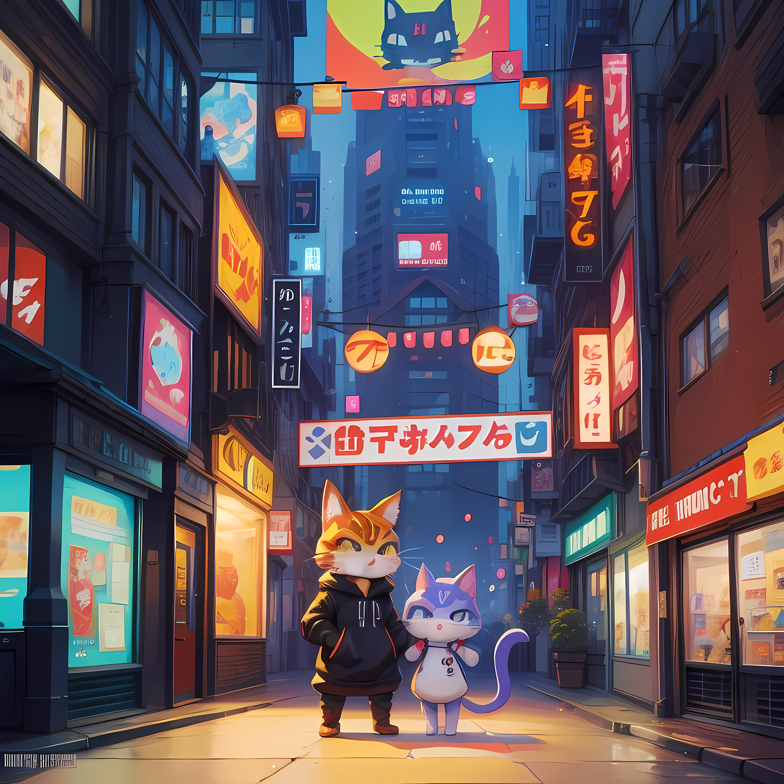 pixel art,cartoon cat with hoodie and two cats in front of a city, advanced digital chibi art, trending on artstation pixiv, fursona art, pixiv contest winner, anthropomorphic cat ninja, adorable digital painting, cute detailed digital art, official fanart, jazza and rossdraws, tabaxi :: rogue, chibi art, furry art!!!, game art,