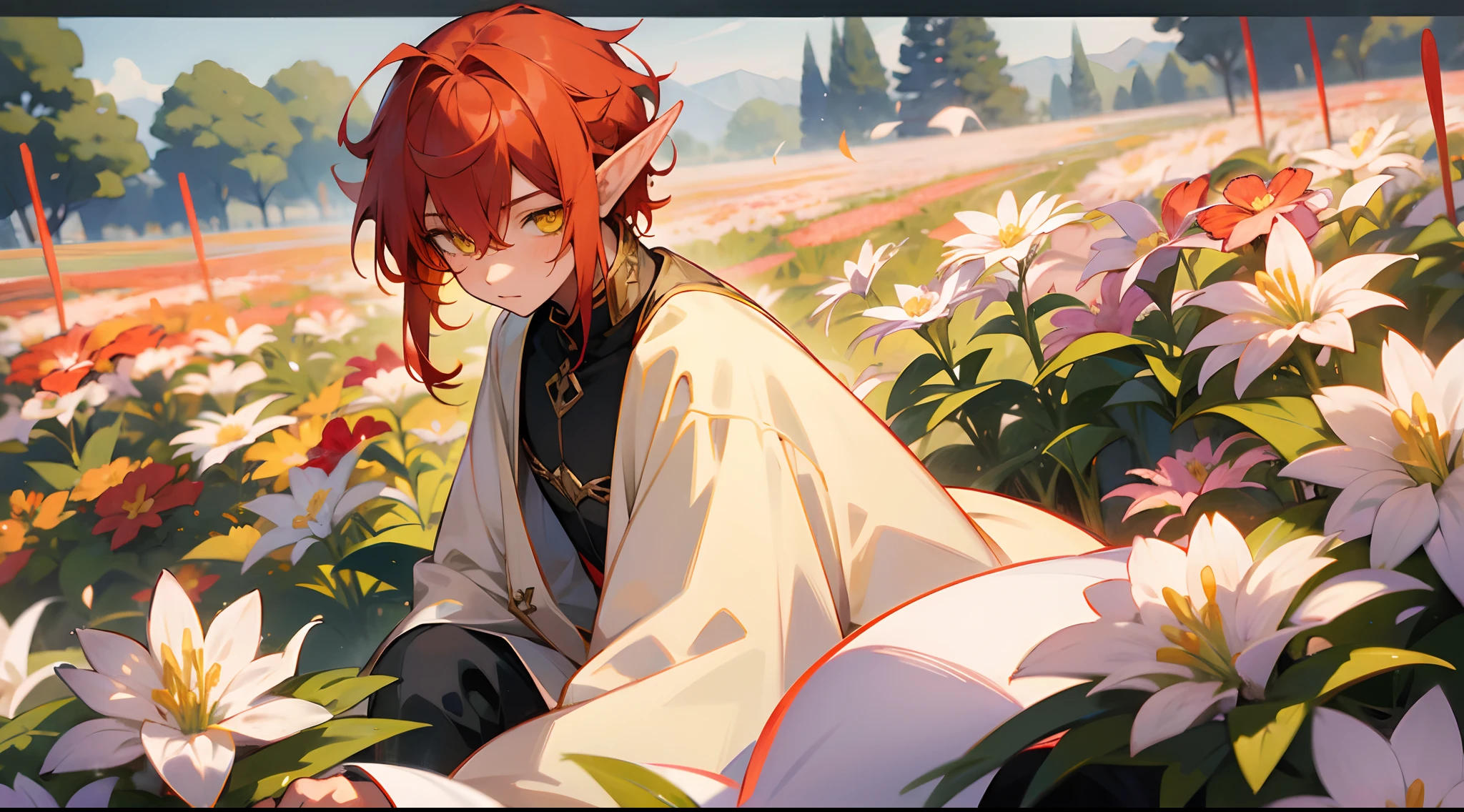 1 boy, Yellow eyes, red hair color, Pastel colors, elf ears, Men's clothing vokoloid, flower field, Flowers