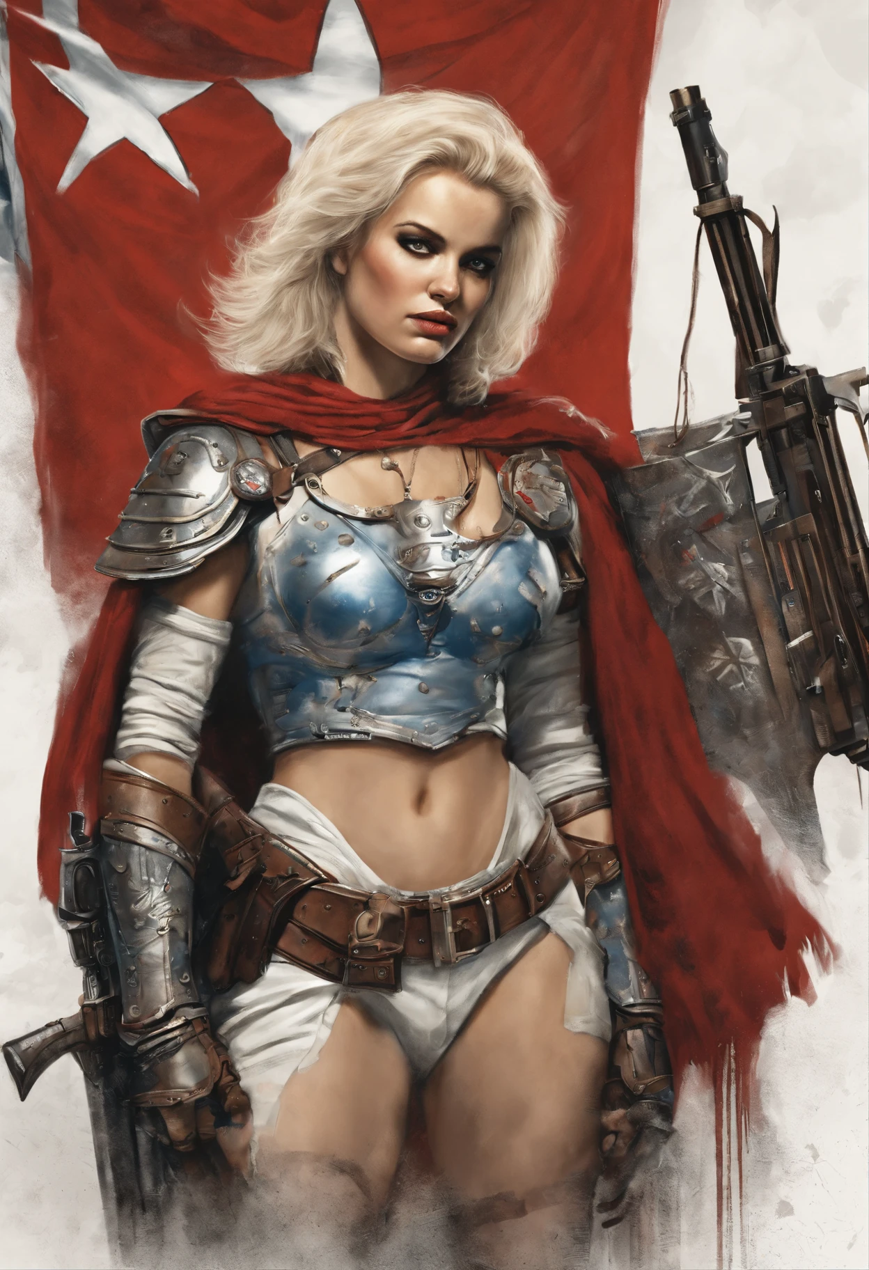 ((top-quality、8K、32K、masterpiece、nffsw:1.3)), (superfine illustration)、(超A high resolution), (((Adults))), (((1girl in))), ((( long haircut ))), 25-year-old cyberpunk gladiator with a perfect body,full body portrait,Shoulder pads with metal spines, back pose, ass view,Gladiadores in Brooklyn, (( bob's haircut )), Small leather panties, Torn rugby team shirt, Almost naked in Simon Bisley's urban savage style, short blond hair, Minimum clothing, Metal protection on the left arm with complex graphics, Dark red with white stars and blue and white stripes, s Armor, Full of tips and rivets, Poison tattoo (((From the knee up))), short white blonde hair, In the background、 There is a wall with an intricate design painted by Shepard Fairey