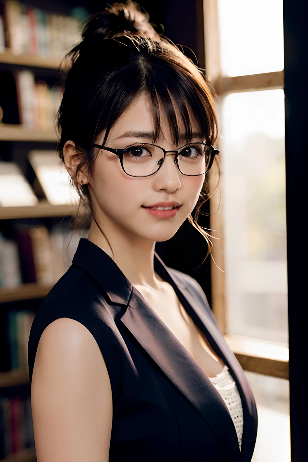 (8K、Raw photography、top-quality、masterpiece:1.2)、(realisitic、Photorealsitic:1.37)、ultra-detailliert、超A high resolution、女の子 1 人、see the beholder、beautifull detailed face、A smile with a little visible teeth、Constriction、(Slim waist) :1.3)、Blazer、Beautiful detailed skin、Skin Texture、Floating hair、Hair bunched into one、large breasts with good shape、Professional Lighting、Autumn twilight、book library、(((Black square glasses )))、Whole human body、Black hair、((Shameful appearance))、Accept the book、