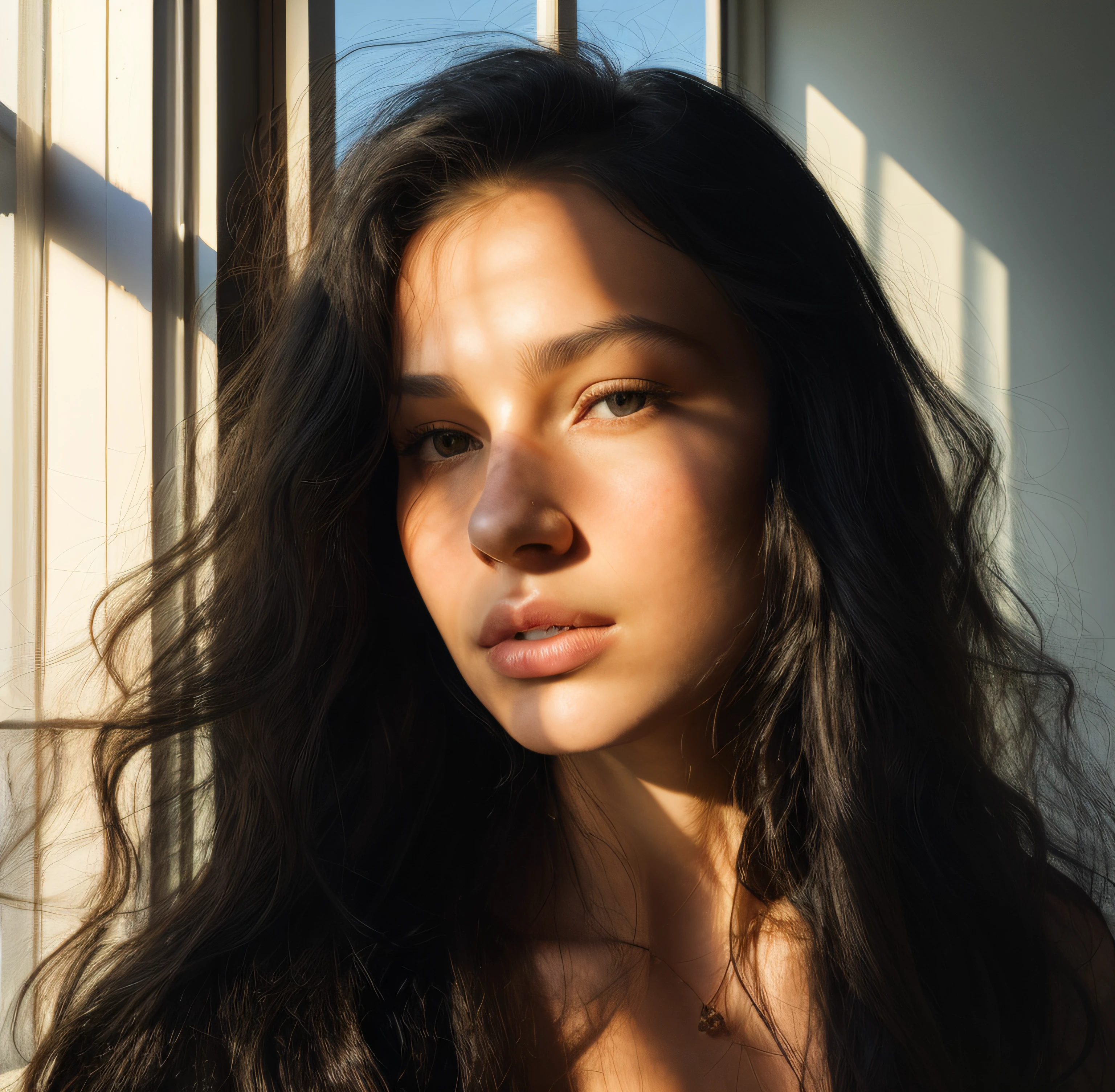 arafed woman with long black hair looking out a window, perfectly lit face, backlit beautiful face, soft portrait shot 8 k, soft light from the side, medium portrait soft light, backlit face, soft natural lighting, portrait sophie mudd, portrait soft light, soft golden hour lighting, backlit portrait, soft morning lighting, face is brightly lit