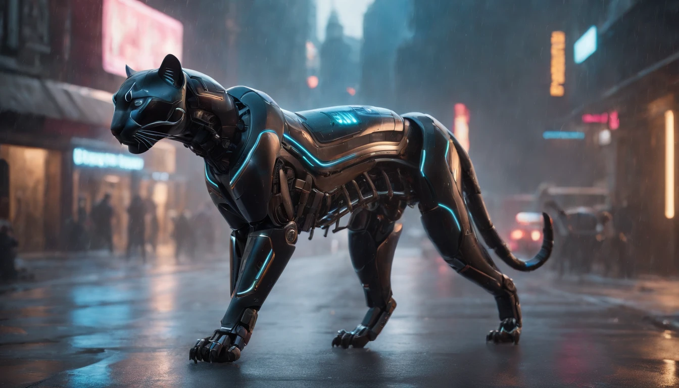 Photo of the machine Panther((Tiere)) Futuristic in the middle of the photo, hyper realistic photography, metalic, Professional photo of a futuristic robot panther with various modifications, Metal claws, synthetic fur, Bionic hind limbs, ((super realistic details)), Cybernetic Eyes, scientific fiction, Fictional scenario science, (natta), natural soft light, Cyberpunk, Futuristic cities, cyberpunkcity, neon signs, ighly detailed, (highly detailed back ground), Different buildings in the background, Billboard advertisement on the background of the side of the building, Detailed metallic texture, Wide Angle, Rain at night, In the iridescent light, extremely detailed picture, Vivid and beautiful colors, Photorealistic images, 8K, Ultra HD | |, Unreal Rendering Engine, Cinematic lighting,Realistic proportions, film grains, Photo RAW, (Lateral face).