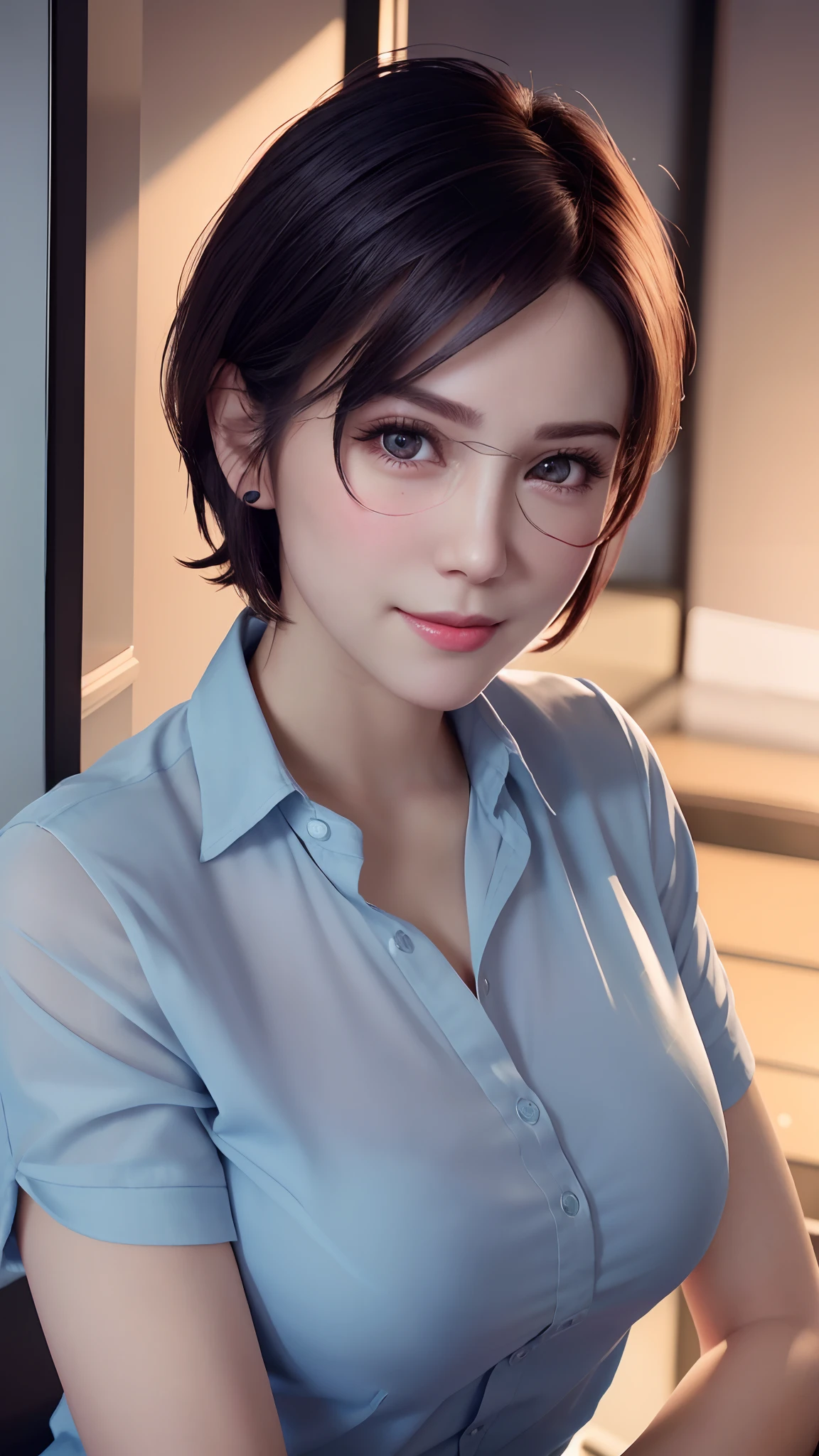 Best Quality, Ultra High Resolution, (Photorealistic: 1.4), Beautiful Eyes, Super Beautiful, Very Short Hair, Beautiful, Sweetheart, T-shirt with Rough Chest, Beautiful Soldier, Eyes That Invite Viewer, Lover's Perspective, Inviting Expression, Sexy Smile, Perfect Style, Perfect Balance, Detailed Skin, Naughty Gaze, Chest Visible