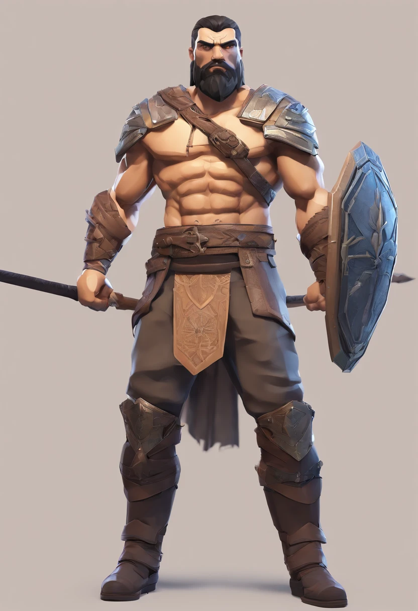 Masterpiece, High quality, Best quality, Beautiful, HD, Realistic, Perfect lighting, Detailed face, Detailed body, 1 man, Solo, Black hair, Green eyes, Long black beard, Gladiator style in brown and shabby leather clothing: 1.4), leather breastplate, 1 wooden spear in hand, background in war, Gladiator style, big muscular man, Robust, angry look,
