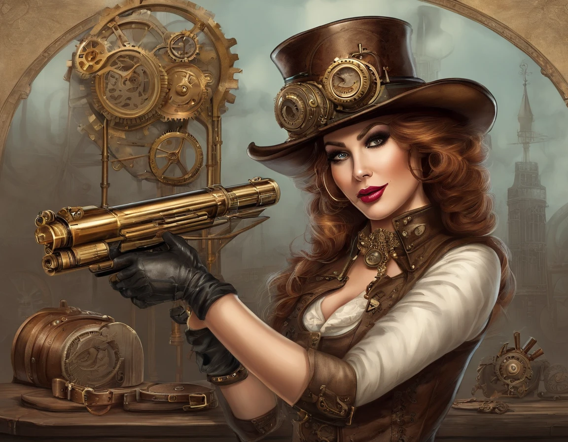 There's a woman wearing a Steam Punk hat and holding a gun., Steampunk, usando trajes Steampunk, meninatora Steampunk, (Steampunk), ( Steampunk ), estilo Steampunk, Steam-punk, Steampunk Fiction, steampunk aesthetic, uma deusa Steampunk bonita, Steampunk mulher anime bonita, Steampunk, fantasia Steampunk, estilo de fantasia Steampunk, arte Steampunk, arte digital Steampunk, roupas Steampunk