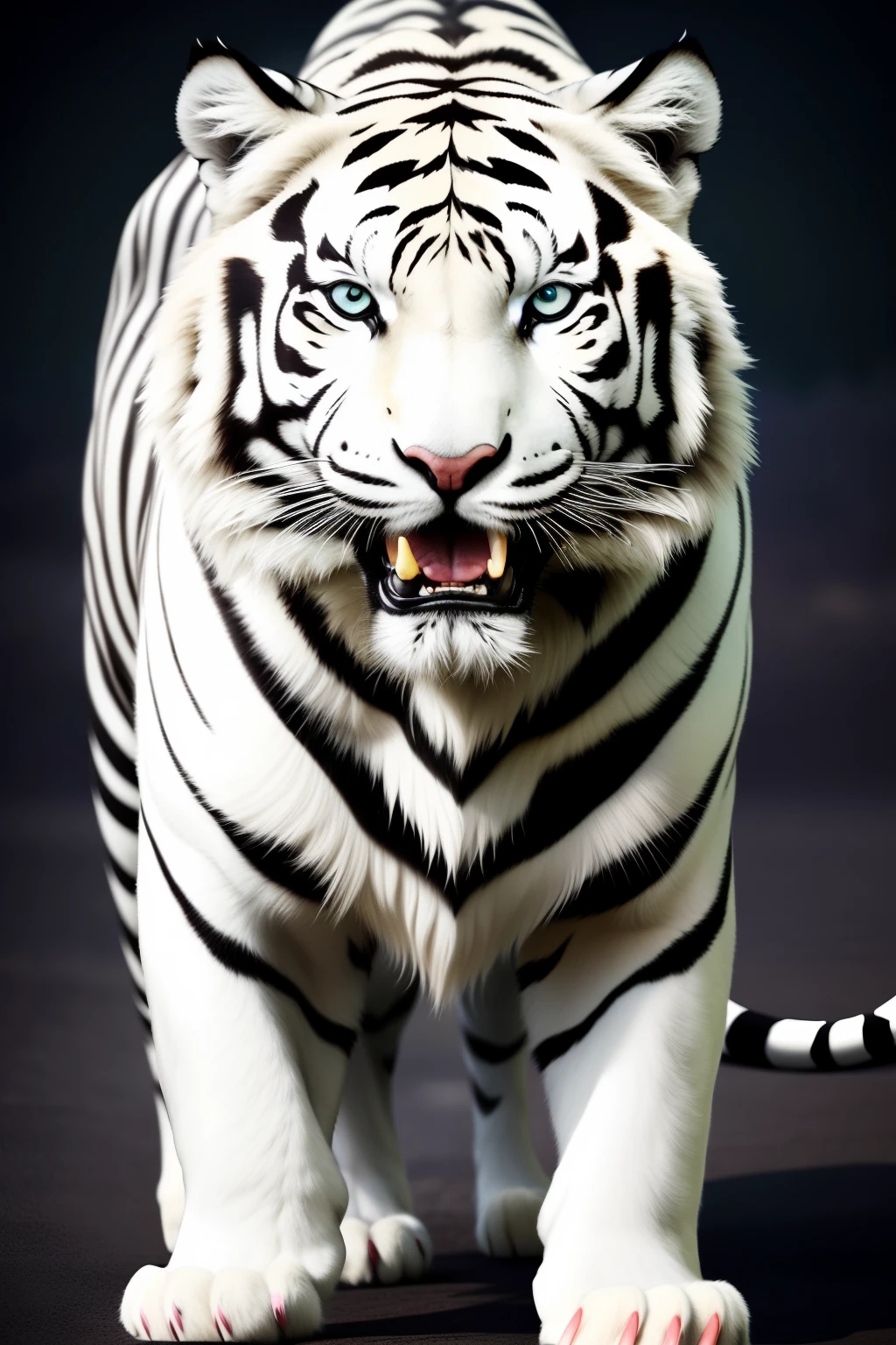 The black tiger form is one of the four sacred beasts in traditional Chinese culture，It is usually depicted as a huge and majestic white tiger。The following is a detailed description of the appearance and posture of the white tiger：

1. Appearance：The black tiger is big and strong，It is usually several times larger than an ordinary tiger。Its coat color is black，Hair is rich and soft，It gives a gorgeous and smooth feeling。The white tiger's body has smooth lines，Muscle firming，Demonstrate extreme power and speed。

2. Head：The head of the black tiger is slightly larger and rounded，The forehead is flat，The eyes are longitudinally oval，The pupils are deep and sharp。Its facial expressions usually reveal majesty and arrogance，The gaze reveals great strength and confidence。

3. Teeth and mouth：The black tiger's teeth are sharp and powerful，Canine teeth are particularly prominent，It gives a sense of aggression and terror。It has a wider nose，The gum bite is firm，Has a strong bite force。

4. Body：The black tiger's body is slender and muscular，The thoracoabdominal part is wider。Its limbs are strong and powerful，The claws are as sharp as knives，Good for hunting and rock climbing。The white tiger has an elegant figure，The body usually has black or dark blue markings，It adds a touch of mystery to it。

5. coda：The white tiger's tail is long and stout，It is conical。The hairs on the tail are relatively short，Usually black or dark blue markings。