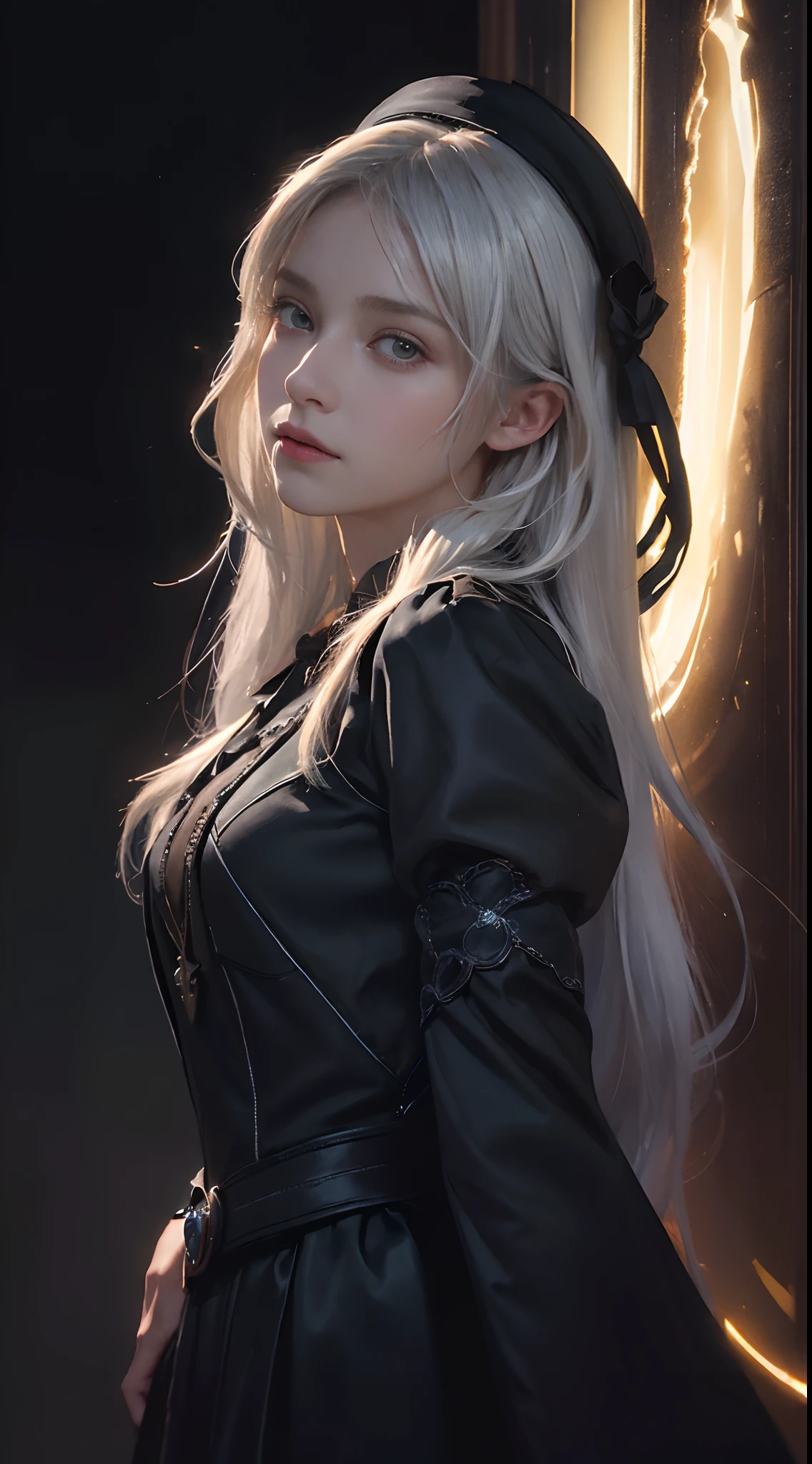 (front focus), (in the dark:1.6), Hyperrealist portrait of female by david hockney and alphonse mucha, fantasy art, photo realistic, dynamic lighting, artstation, poster, volumetric lighting, very detailed faces, 4 k, award winning, 1girl, in the dark, deep shadow, low key, cowboy shot, (official clothing:1.4), long hair, white hair