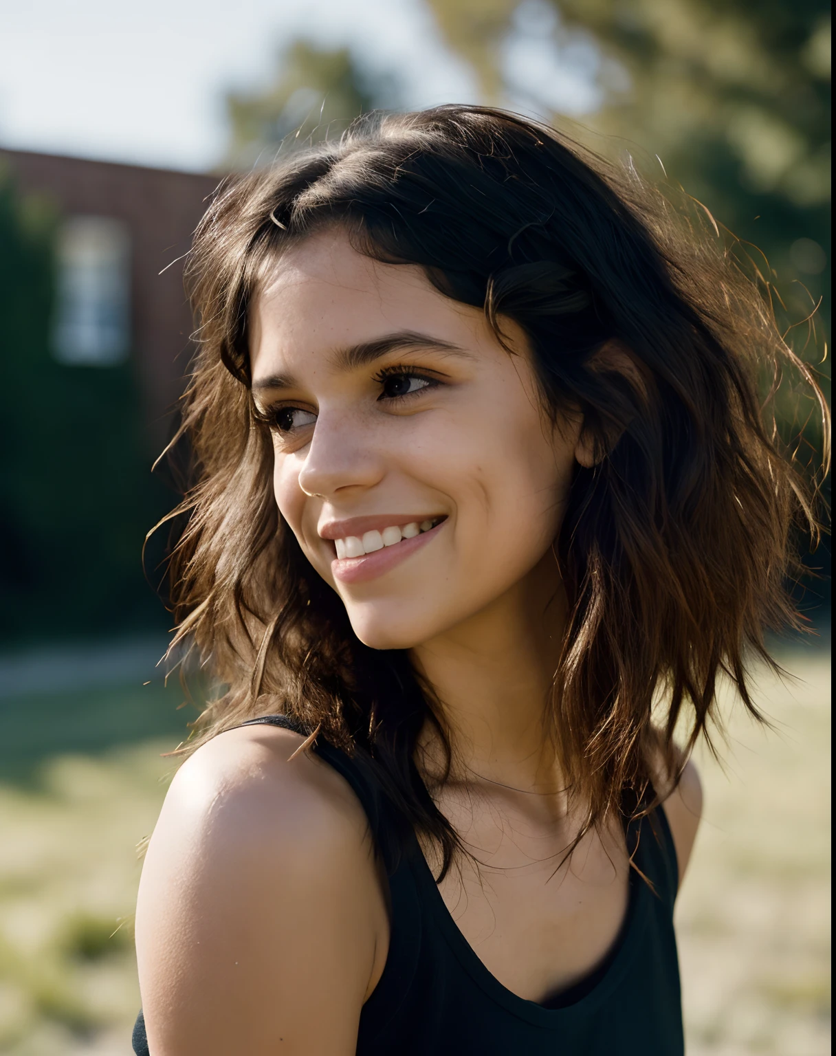 mid shot portrait of jortega looking at viewer, playing with hair, wearing black top, laughing, showing armpits colorful (masterpiece, extremely detailed skin, photorealistic, heavy shadow, dramatic and cinematic lighting, key light, fill light)