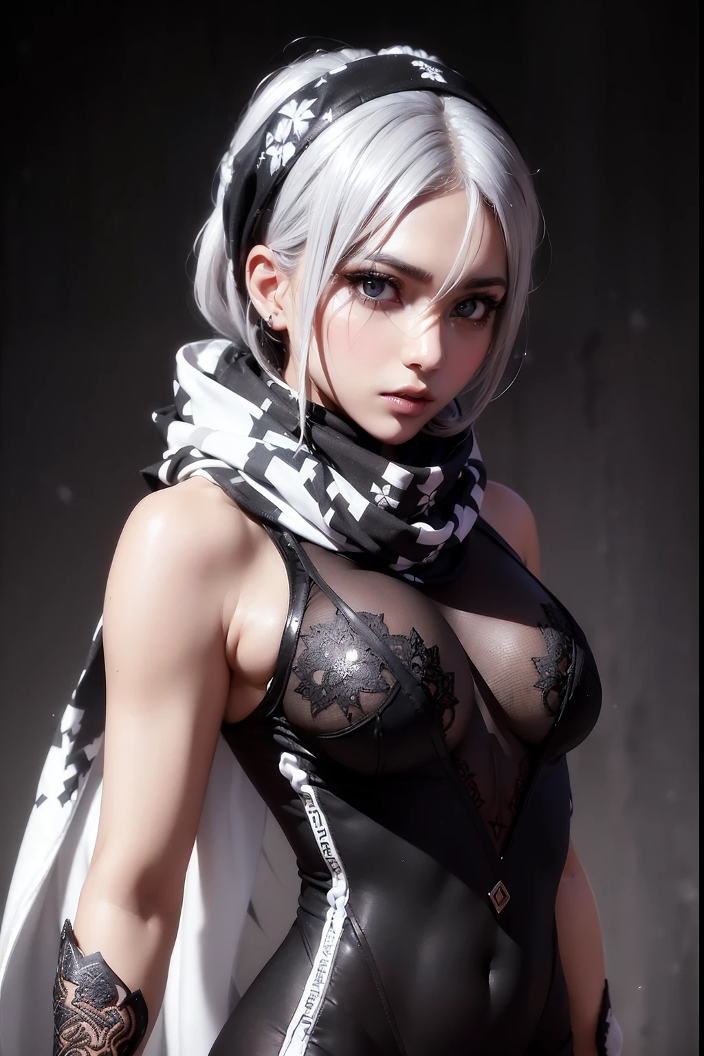 (masterpiece), best quality, expressive eyes, (((wearing detailed combat white and black body suit with scarf, aethereal aesthetic style))) detailed perfect skin, intricate perfect beauty face, detailed sharp eyes, detailed eyes and pupils, detailed hair, (((from face to the waist))), (((beauty slim shape))), 4k, UHD