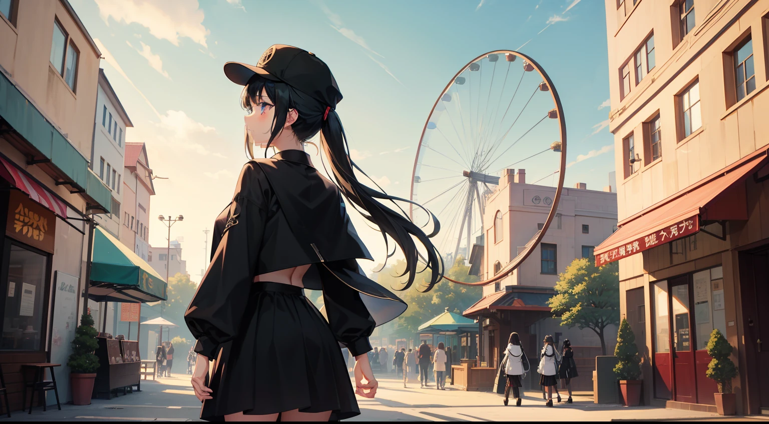 anime style photo of aera chand, anime girl in black outfit , anime style. 8k, anime girl wearing a black dress, stylized anime, anime set style, blue eyes, braided side hair, ponytail, long hair, black jacket, black shorts, black cape, in a cute expression, in a theme park, in a amusement park, happy face, wearing a cap, black cap, happy, feris wheel in background, looking away, turn right (0.8), sunny day, bloom