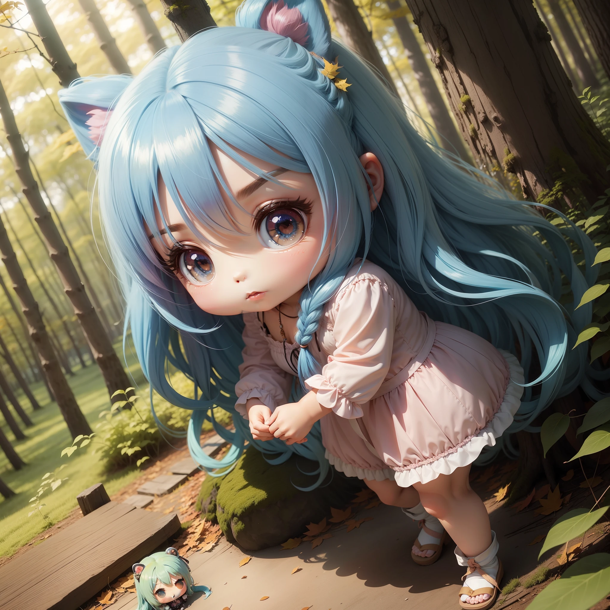 Chibichara long hair with blue hair((Chibi Chara))、Fluffy、girl with、Chibi Chara、full body Esbian、Pastel colors hair、masutepiece、top-quality、In the forest of autumn leaves