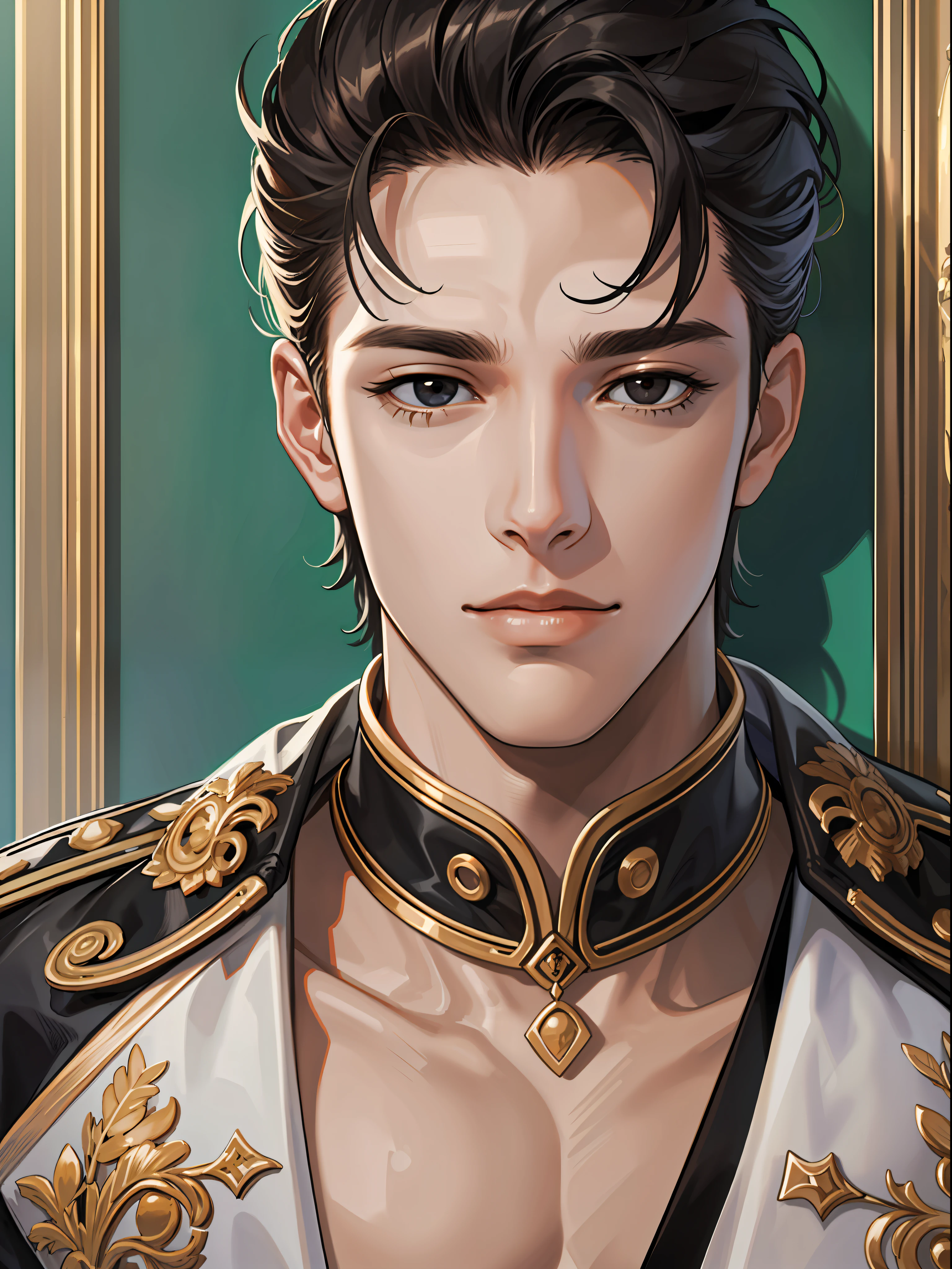 tmasterpiece,best qualtiy,1 male,AS-Adult,Handsome,Tall muscular man,a broad shouldered,Delicate eyes and delicate face,Extremely detailed CG unified 8K wallpaper,Complicated details,Complicated details,cabelos preto e longos,Black eyes,period costume,Portrait of the face