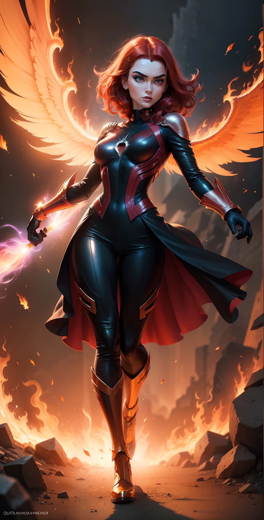 A fierce Audrey Hepburn as Jean Grey's Phoenix,in a dramatic and fire scene, ultra detailed shot of a young woman,with a sense of action and danger, digital painting, sharp lighting and bold colors, art by Jim Lee and John Byrne and Olivier Coipel and David Marquez and Phil Noto, (high detailed face:1. 2), 8k uhd, dslr, soft lighting, high quality, film grain, Controlling Fire elements, red hair, fire wings, in x-men university, dark magic powers, full action pose, dynamic pose, full body, phoenix bird, levitating,