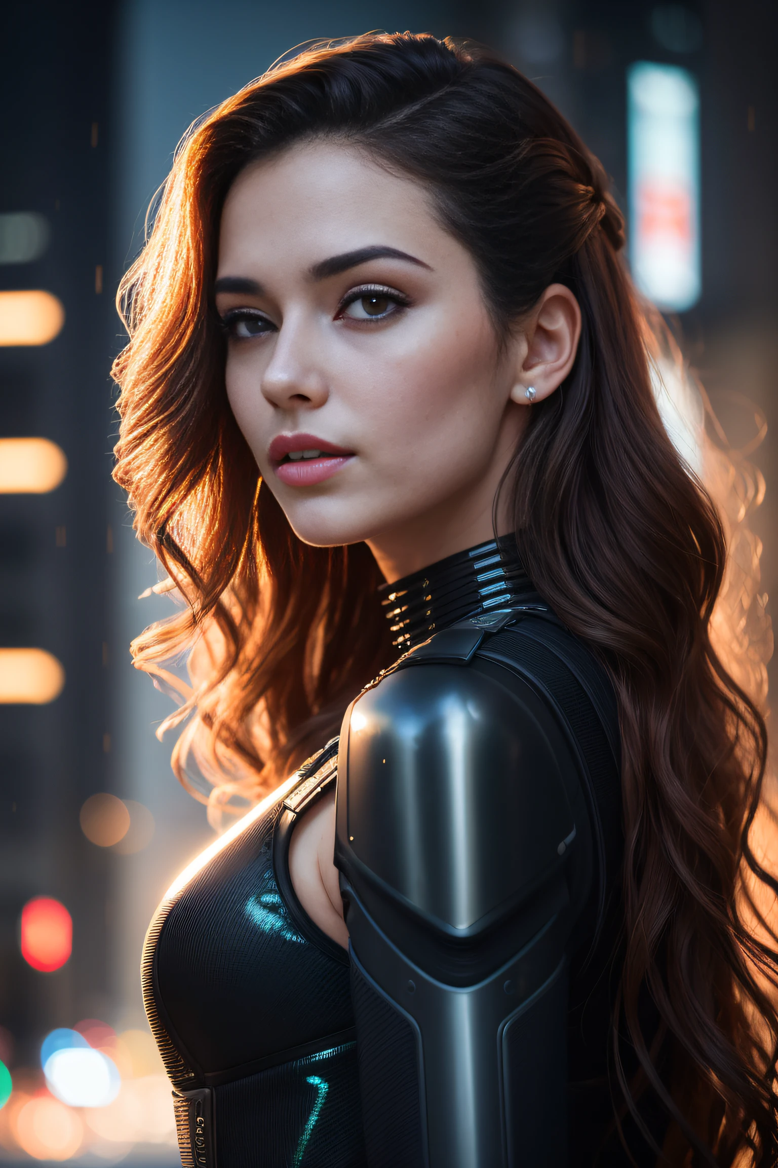 Full face portrait photo of a 25-year-old European girl, RAW, beautiful woman, semi-open strawberry lips, dimples, wistful look, (extra long wavy brown hair), ((detailed face)), ((detailed facial features)), (finely detailed skin), pale skin, (deep neckline detailed high-tech cyberpunk dress), cyberpunk megacity environment, (cool colors), damp, damp, reflections, (masterpiece) (perfect proportion)(realistic photo)(best quality)  (detailed) shot on a Canon EOS R5, 50mm lens, F/2.8, HDR, (8k) (wallpaper) (cinematic lighting) (dramatic lighting) (sharp focus) (intricate),RAW photo, gigachad photo, posing for camera, 8k uhd, dslr, high quality, grain film, Fujifilm XT3